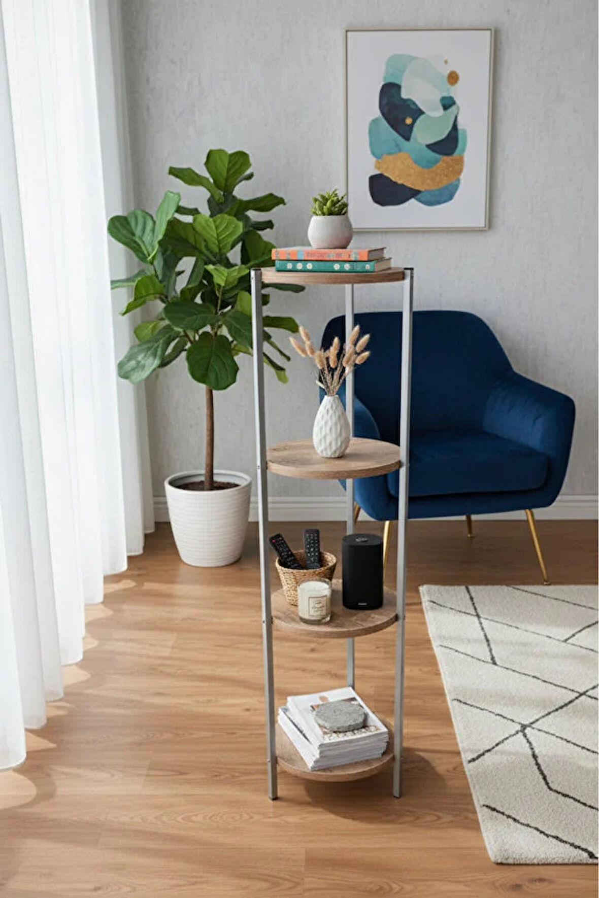 Dekoratif 4 katlı Raflık, Çiçeklik, Köşe Rafi, Sehpa Çok Amaçlı Raf -Gri Ceviz-