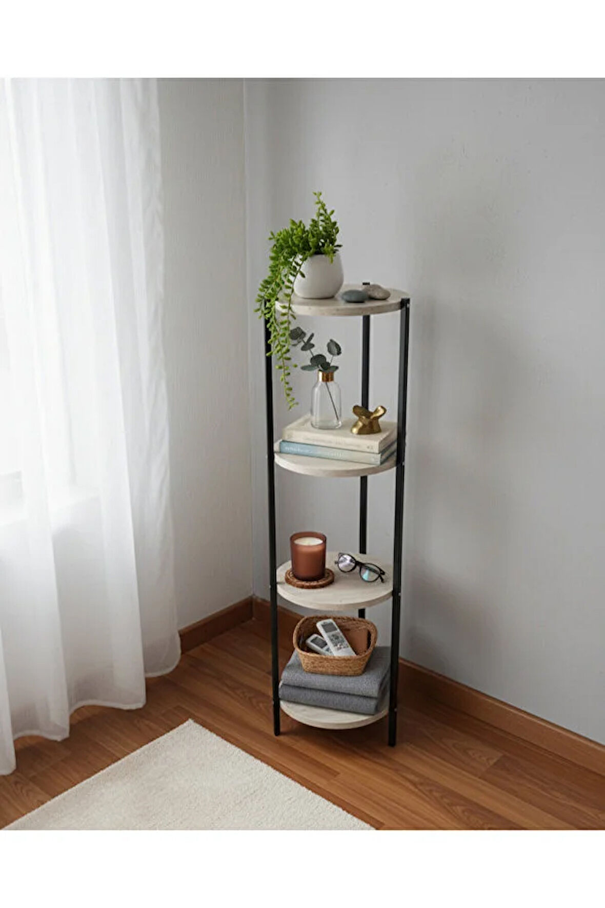 Dekoratif 4 katlı Raflık, Çiçeklik, Köşe Rafi, Sehpa Çok Amaçlı Raf -Siyah Traverten-