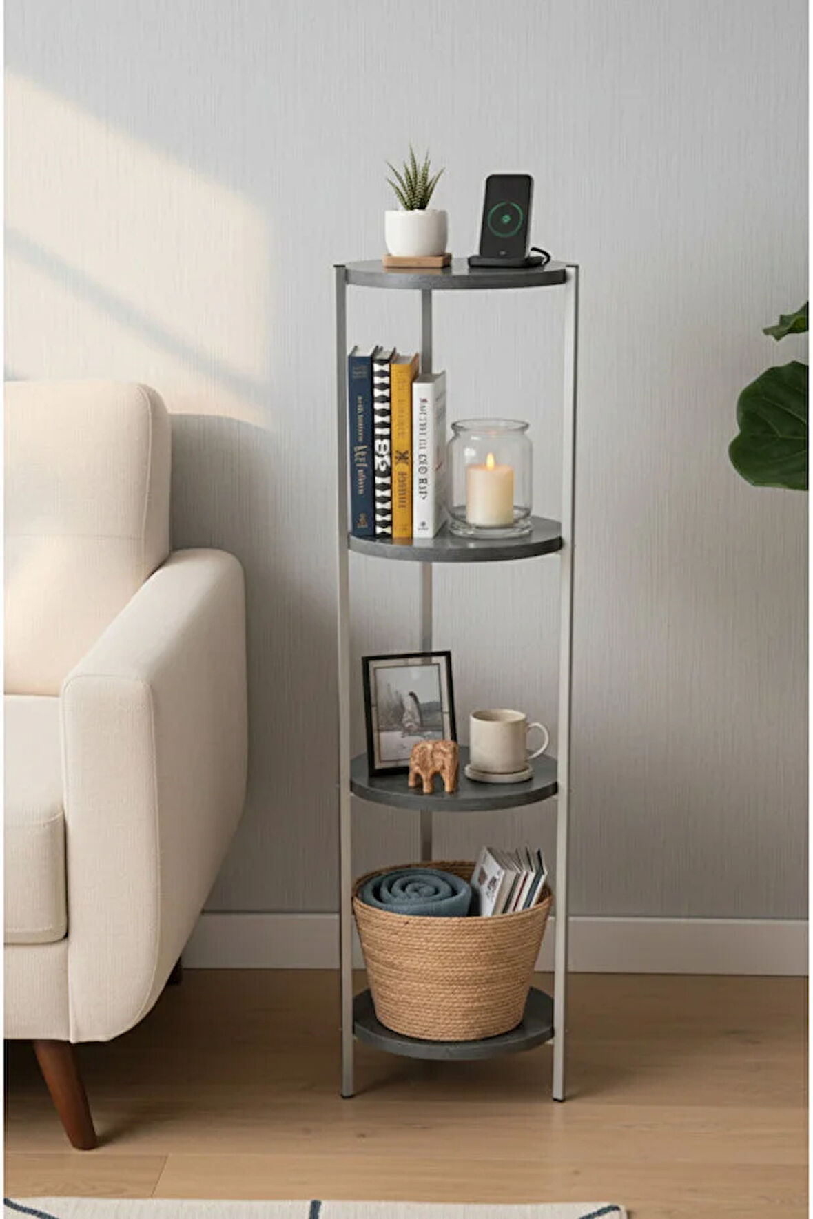 Dekoratif 4 katlı Raflık, Çiçeklik, Köşe Rafi, Sehpa Çok Amaçlı Raf -Gri Antrasit-