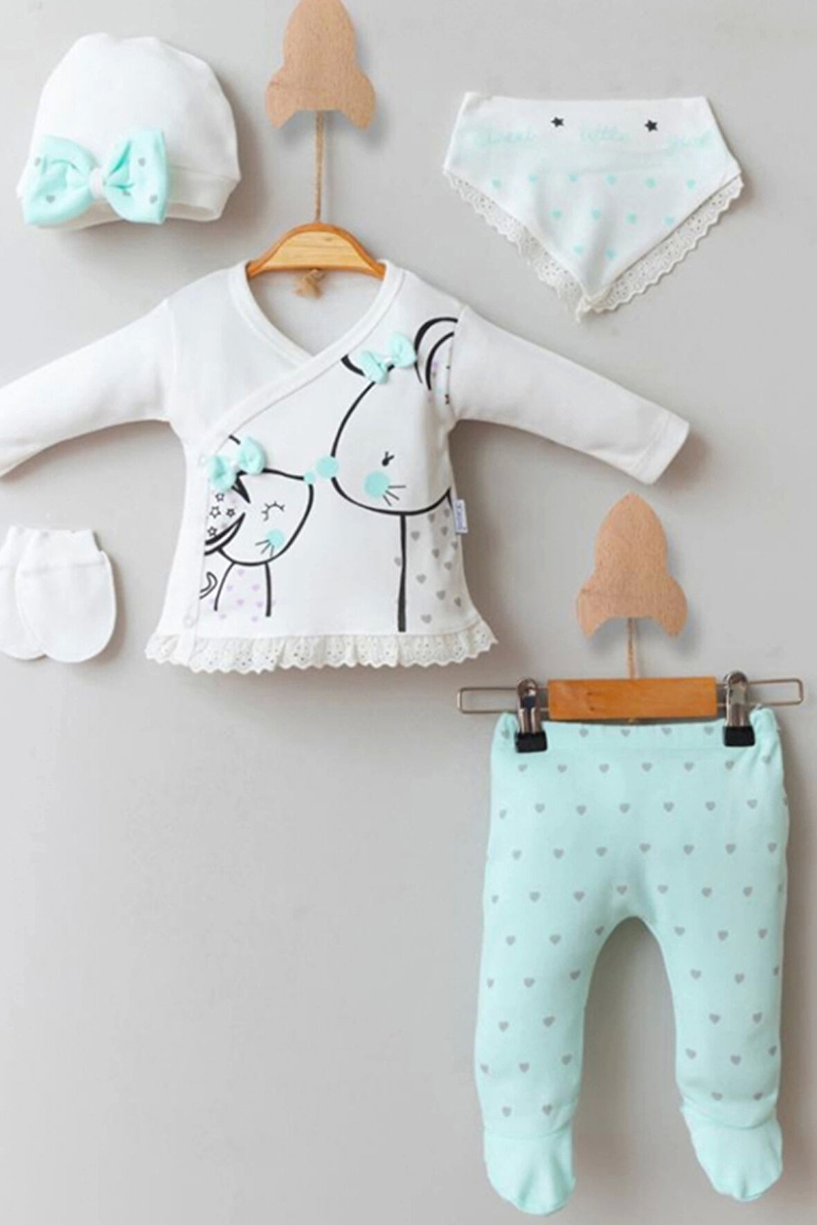 3 Ay Kız Bebek Little Mause 5'li Hastane Çıkış Seti Yeşil