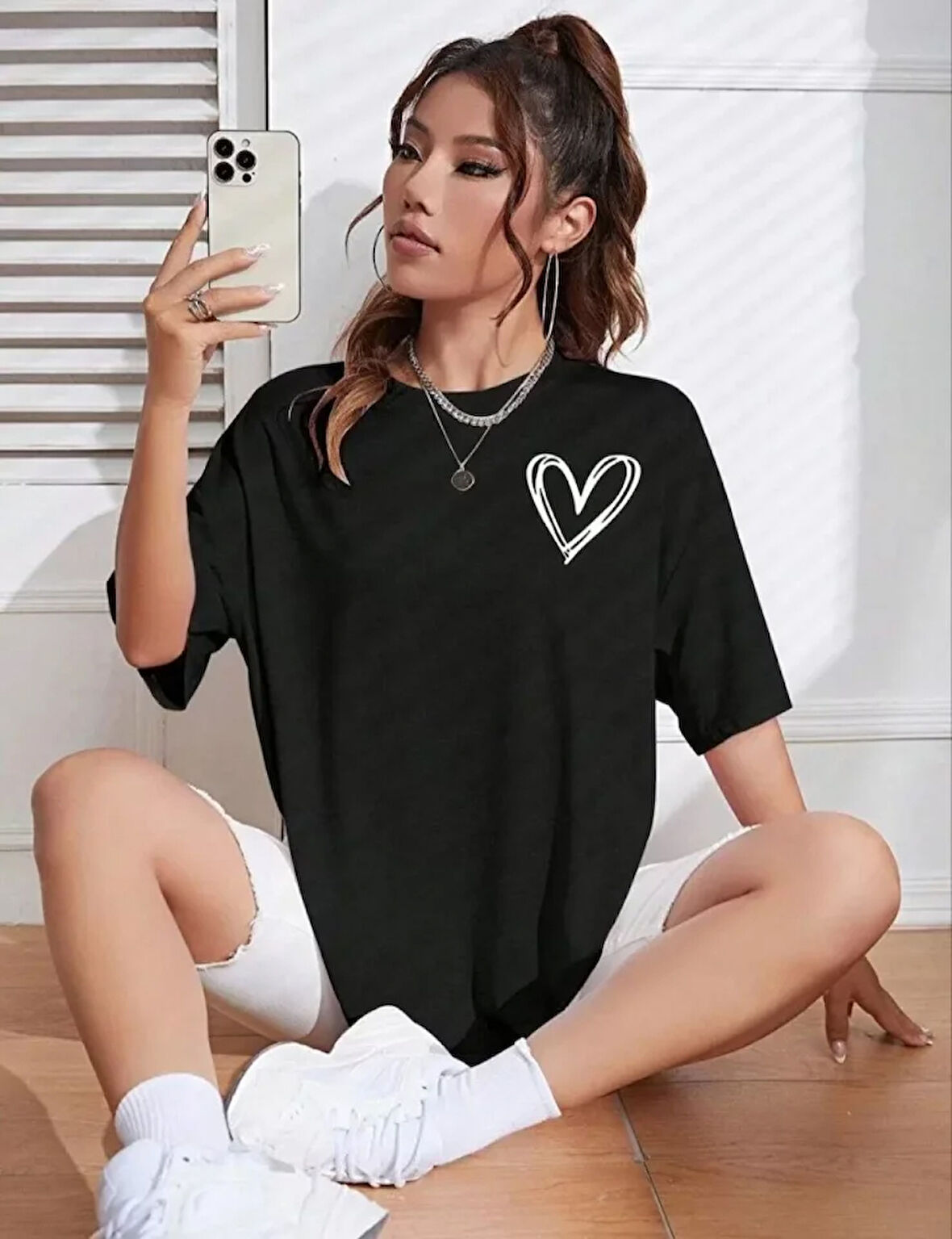 AKNButik Bisiklet Yaka Baskılı Oversize T-Shirt - Siyah