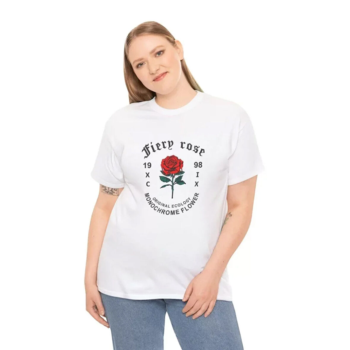 AKNButik Unisex Bisiklet Yaka Baskılı T-Shirt - Beyaz