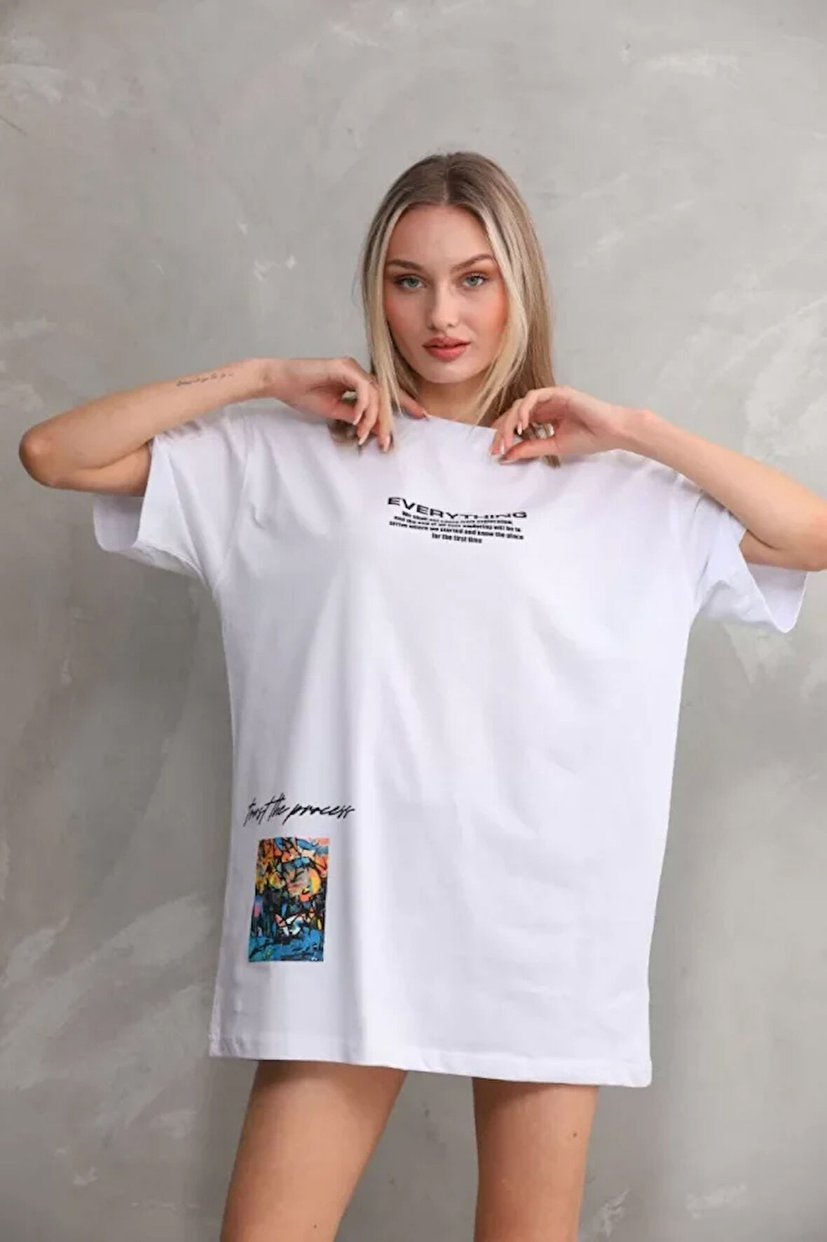 AKNButik Unisex Bisiklet Yaka Baskılı Oversize T-Shirt - Beyaz