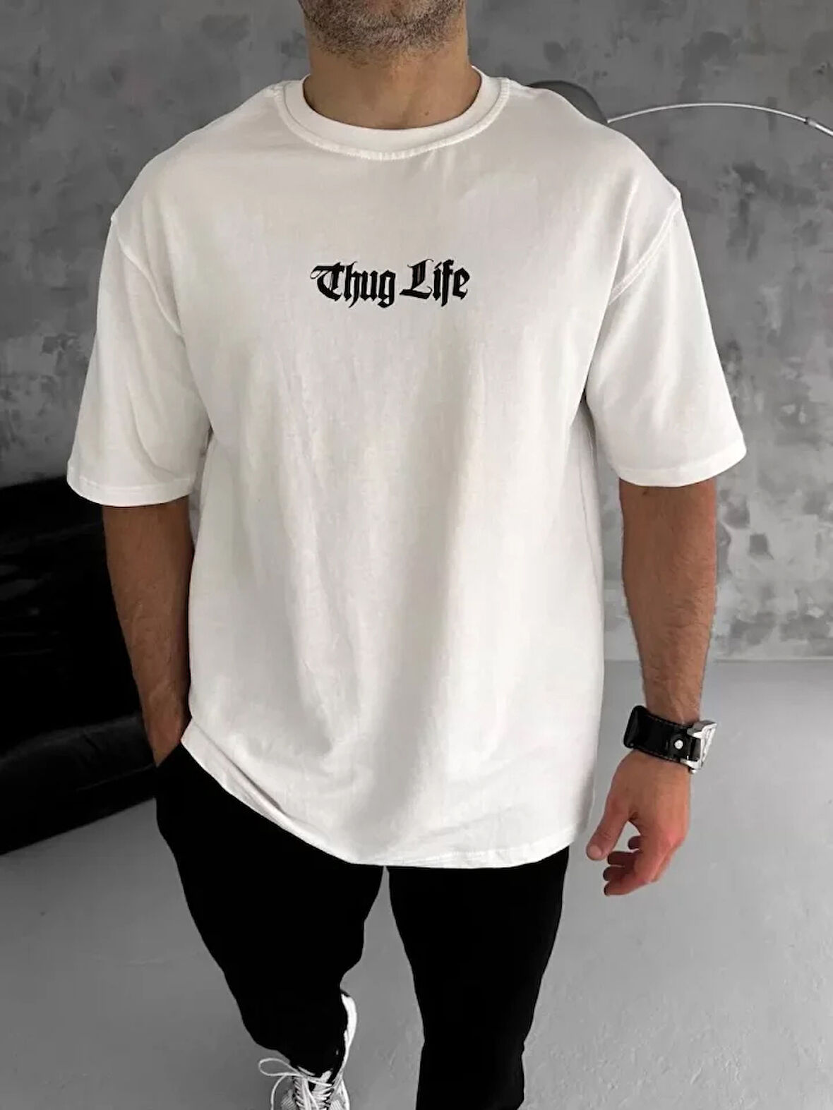 AKNButik Unisex Bisiklet Yaka Baskılı Oversize T-Shirt - Beyaz