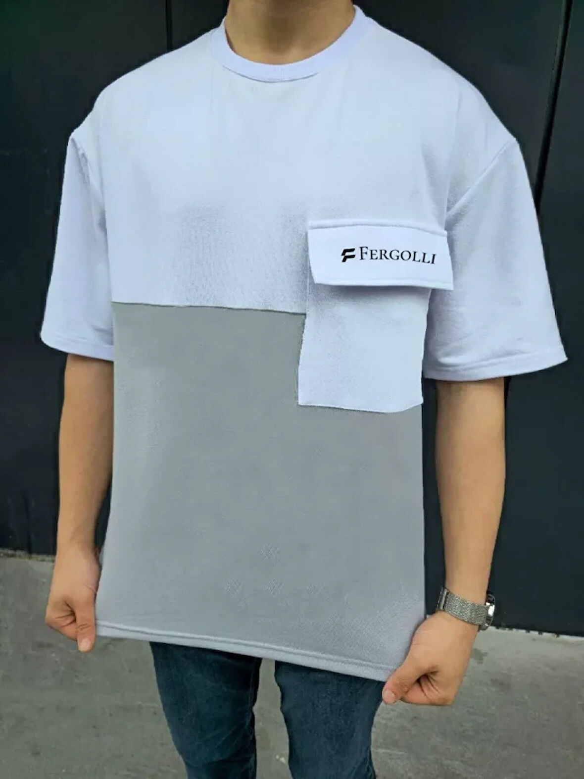 AKNButik Unisex Torba Cep Detaylı  Parçalı T-Shirt - Gri