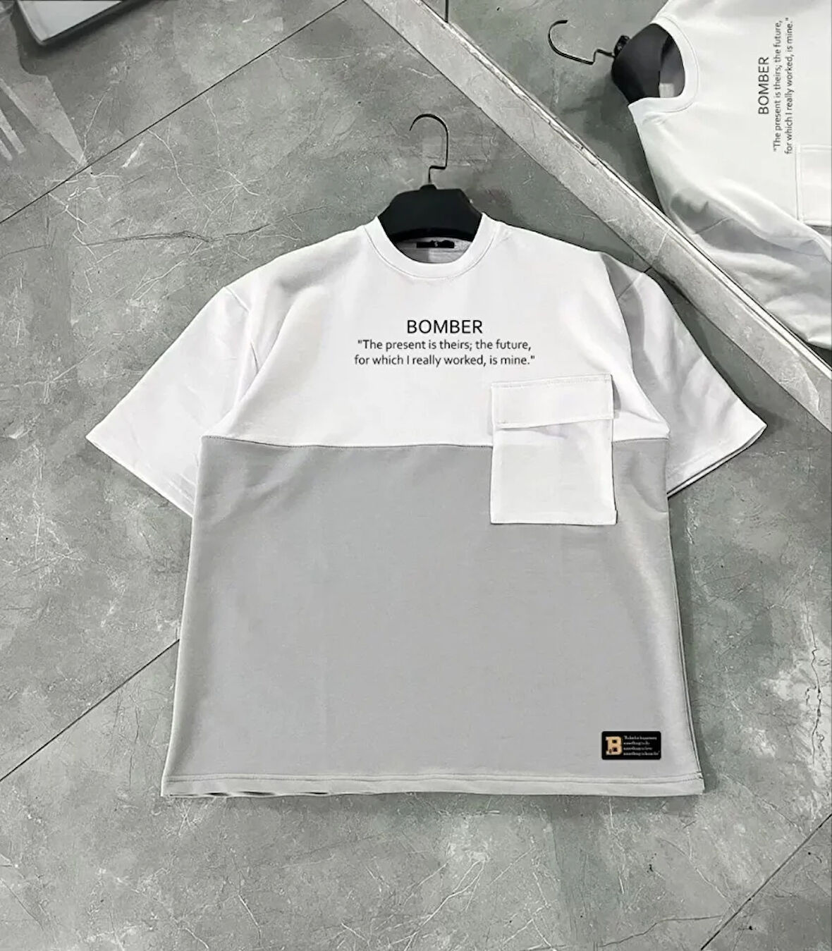 AKNButik Unisex Torba Cep Detaylı  Parçalı T-Shirt - Gri
