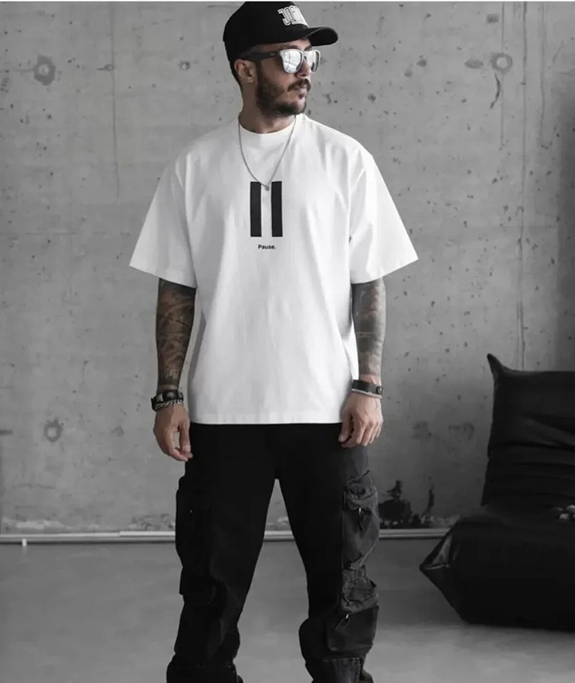 AKNButik Unisex Bisiklet Yaka Baskılı Oversize T-Shirt - Beyaz