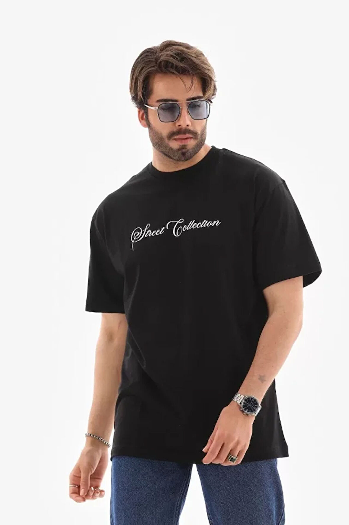 AKNButik Unisex Bisiklet Yaka Baskılı Oversize T-Shirt - Siyah