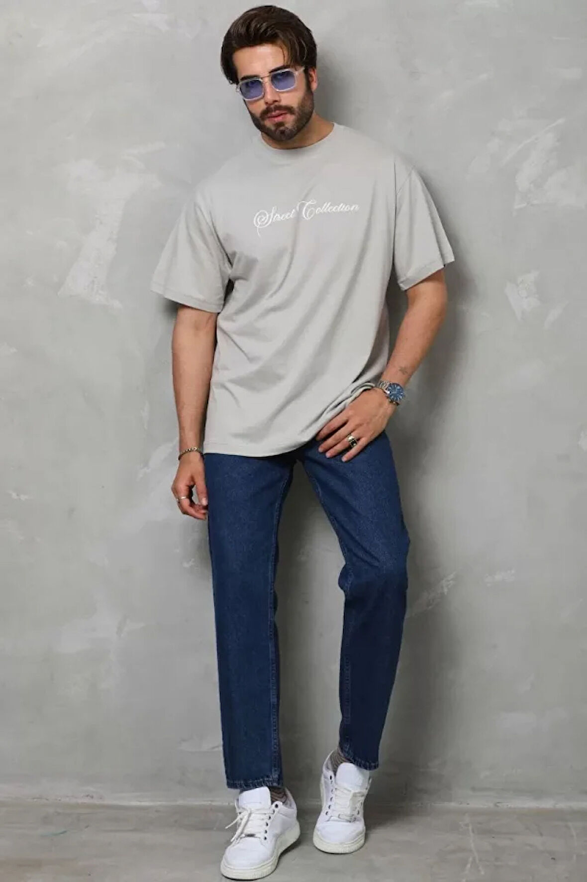 AKNButik Unisex Bisiklet Yaka Baskılı Oversize T-Shirt - Gri