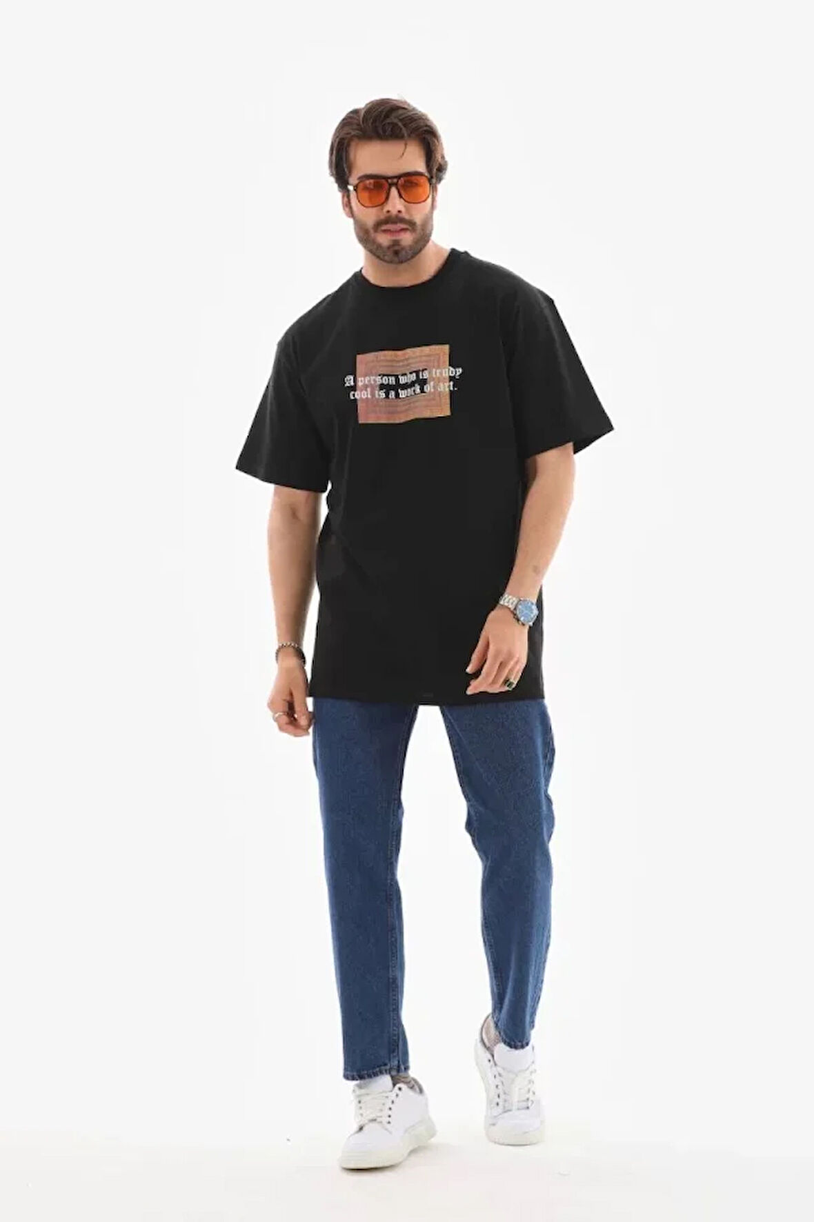 AKNButik Unisex Bisiklet Yaka Baskılı Oversize T-Shirt - Siyah