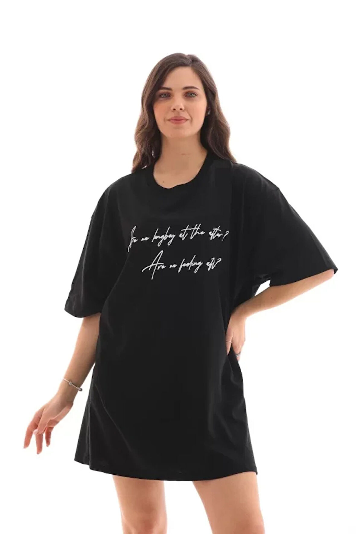 AKNButik Unisex Bisiklet Yaka Baskılı Oversize T-Shirt - Siyah