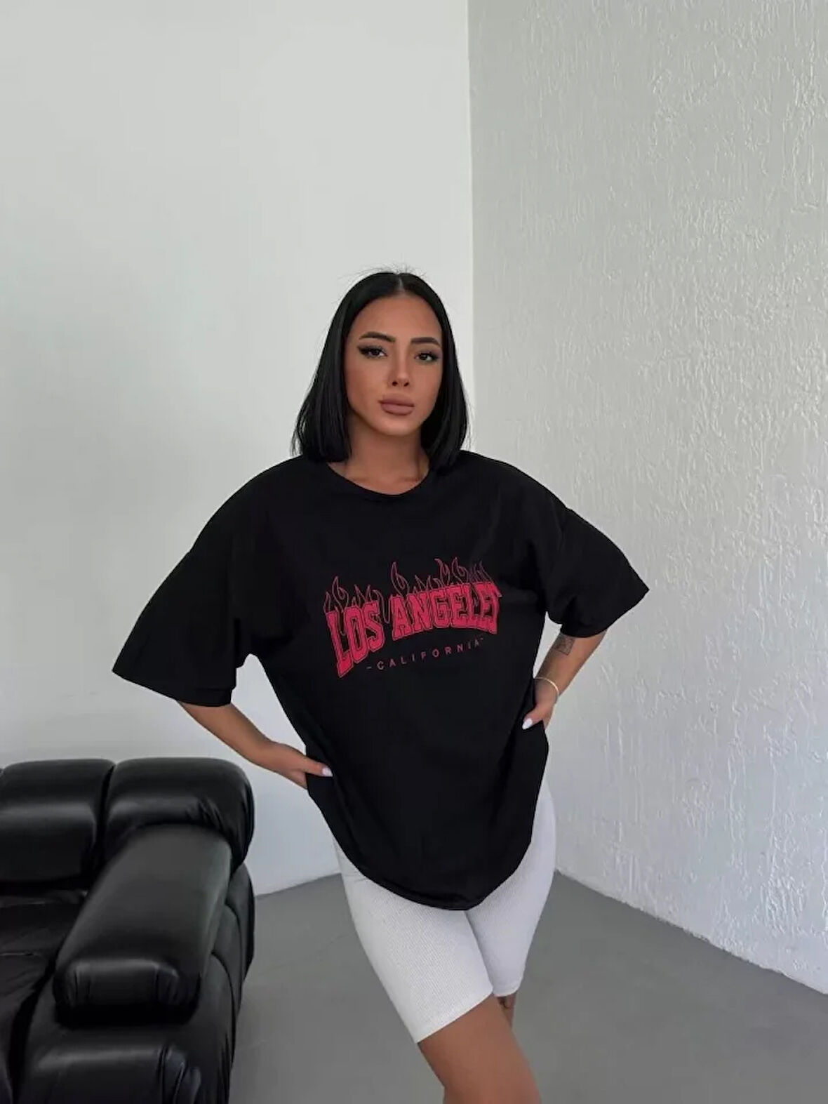 AKNButik Unisex Bisiklet Yaka Baskılı Oversize T-Shirt - Siyah