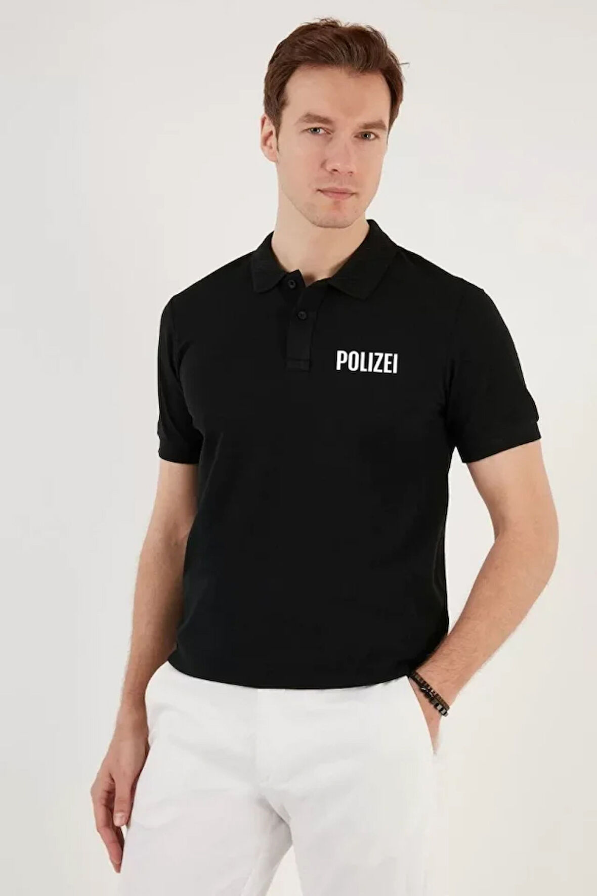 AKNButik Yakası Düğmeli Yakalı Pike Baskılı T-Shirt - Siyah