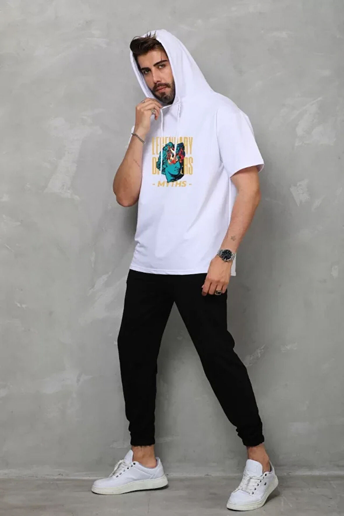 AKNButik Unisex Kapşonlu Kolsuz Oversize Baskılı Tişört - Beyaz
