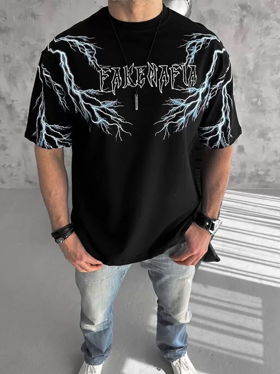 AKNButik Unisex Bisiklet Yaka Baskılı Oversize T-Shirt - Siyah