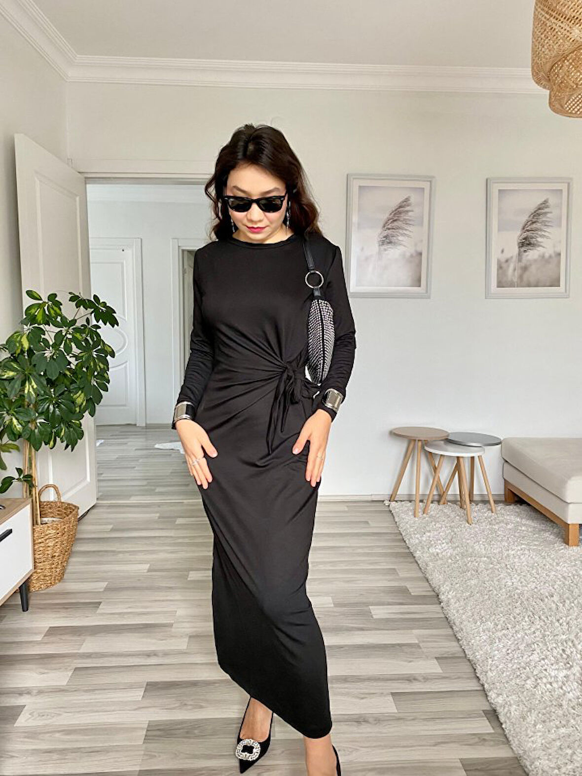 AKNButik Kadın Uzun Kollu Bisiklet Yaka Belden çapraz Bağlamalı Yandan Yırtmaçlı Uzun Viskon Iki Iplik Elbise