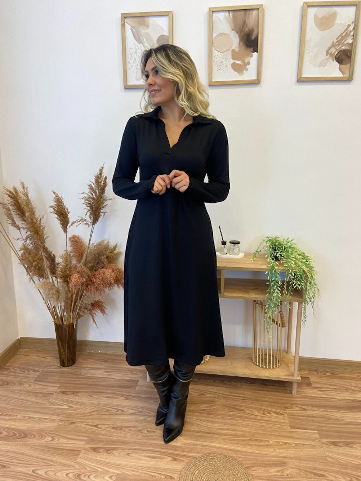 AKNButik Kadın Uzun Kollu Yakalı Midi Viskon Iki Iplik Elbise