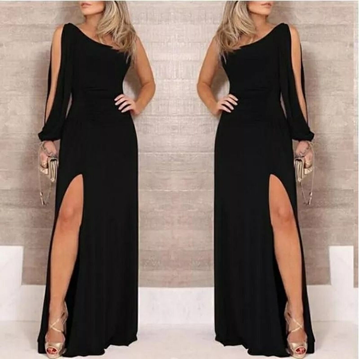 AKNButik Tek Omuz Açık Derin Yırtmaçlı Krep Tam Boy Elbise