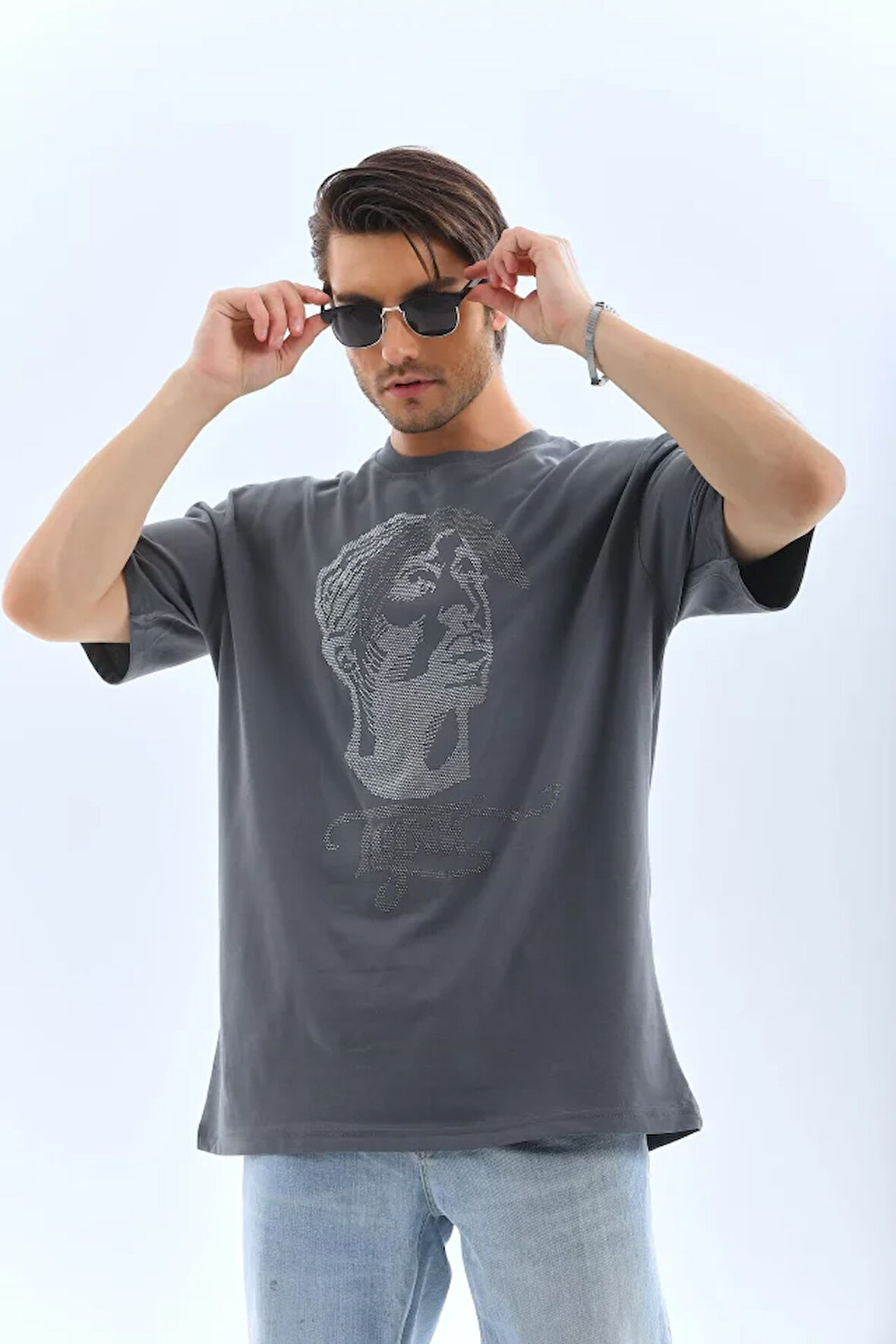 AKNButik Unisex Oversize Taşlı Bisiklet Yaka T-Shirt - Füme