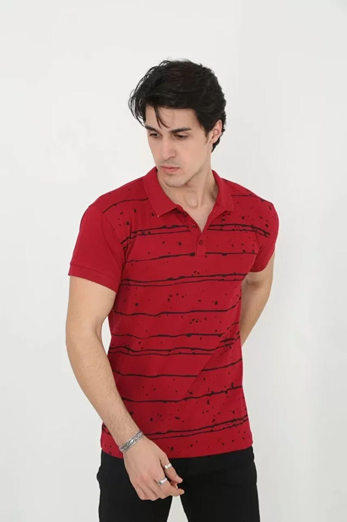 AKNButik Erkek Yakalı Slim Fit Pike Çizgili T-Shirt - Kırmızı