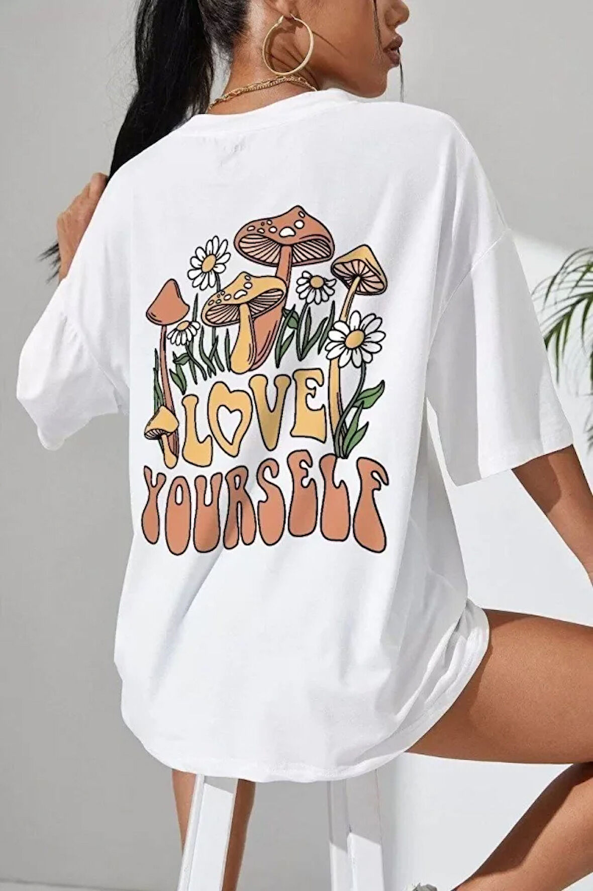 AKNButik Unisex Baskılı Oversize T-Shirt - Beyaz