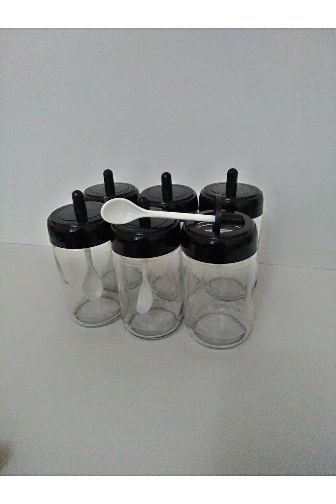 Baharat Takımı Cam Kendinden Kaşıklı 6'lı Siyah Kapaklı