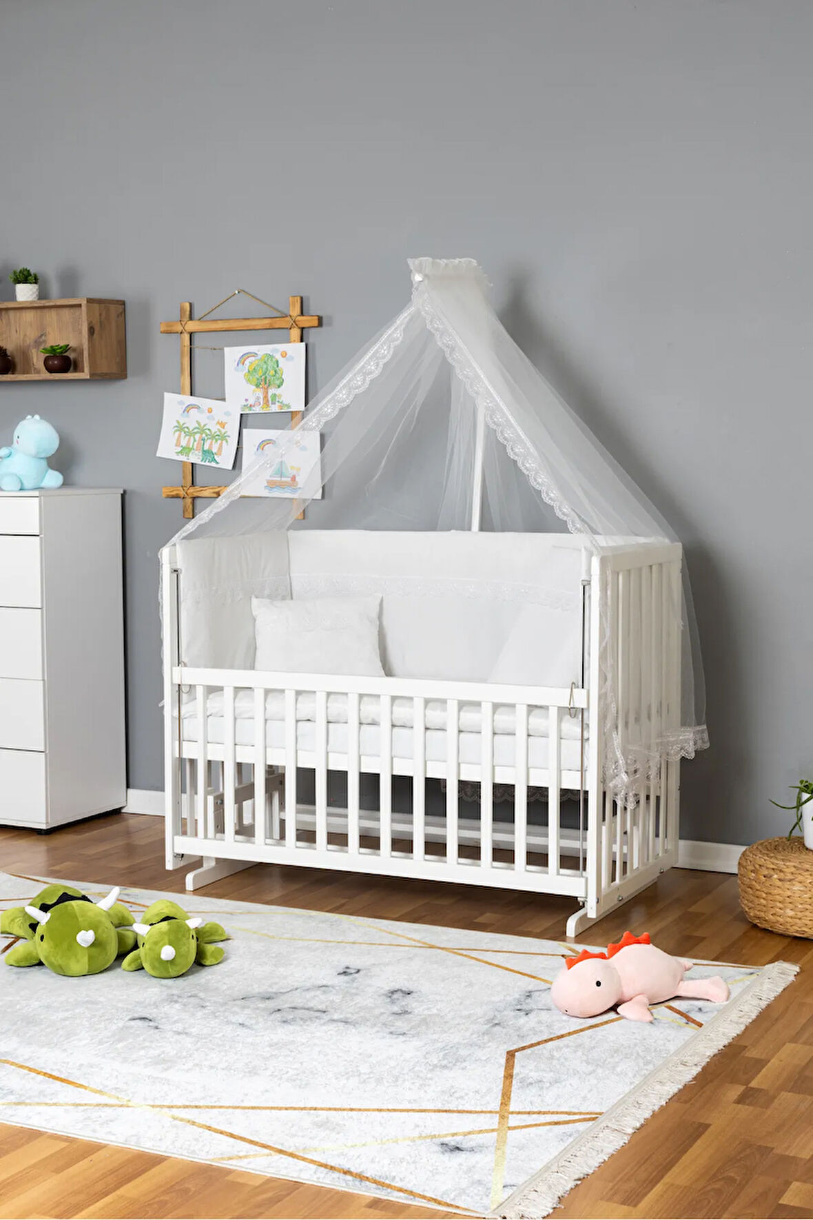 Ahşap Beşik Anne Yanı Beşik Beyaz 60x120 - Beyaz Güpür Uyku Seti + Yataklı