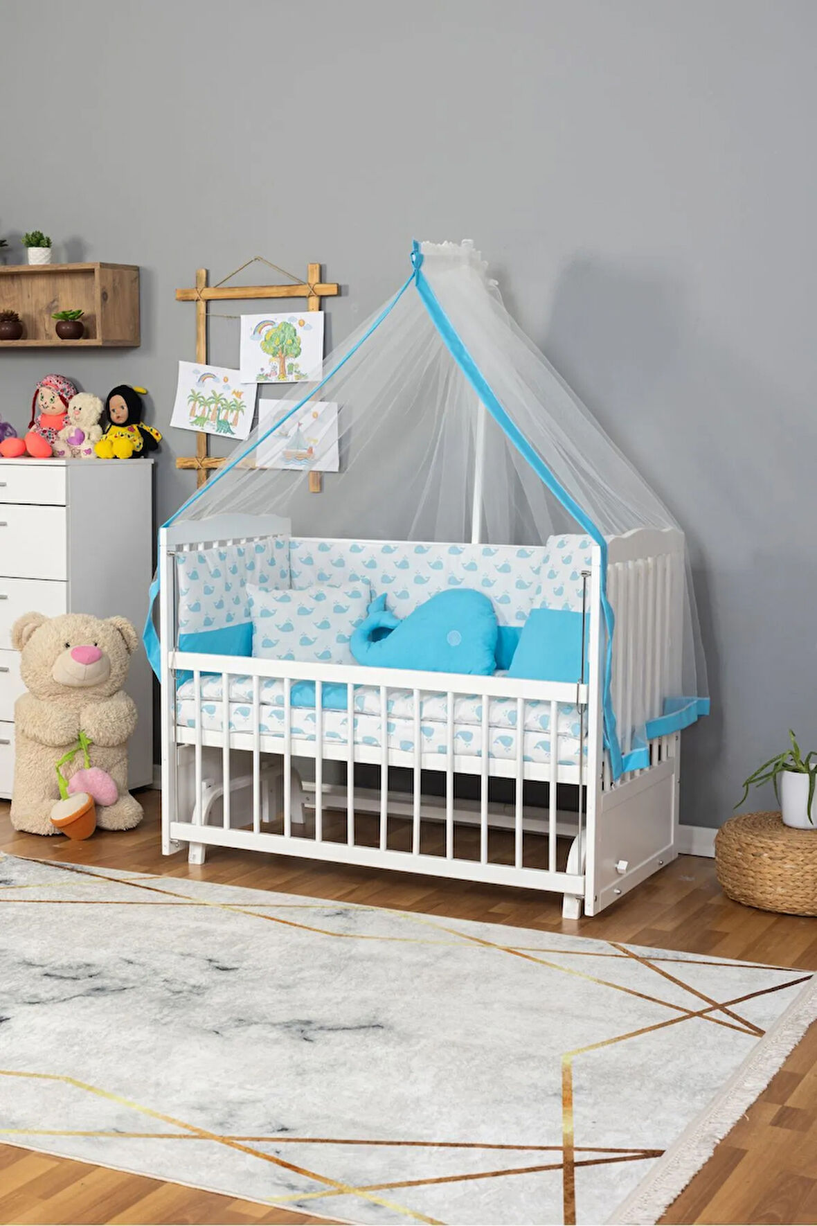 Ahşap Beşik Anne Yanı Beşik Beyaz) 60x120 - Mavi Balina Uyku Seti Yatak