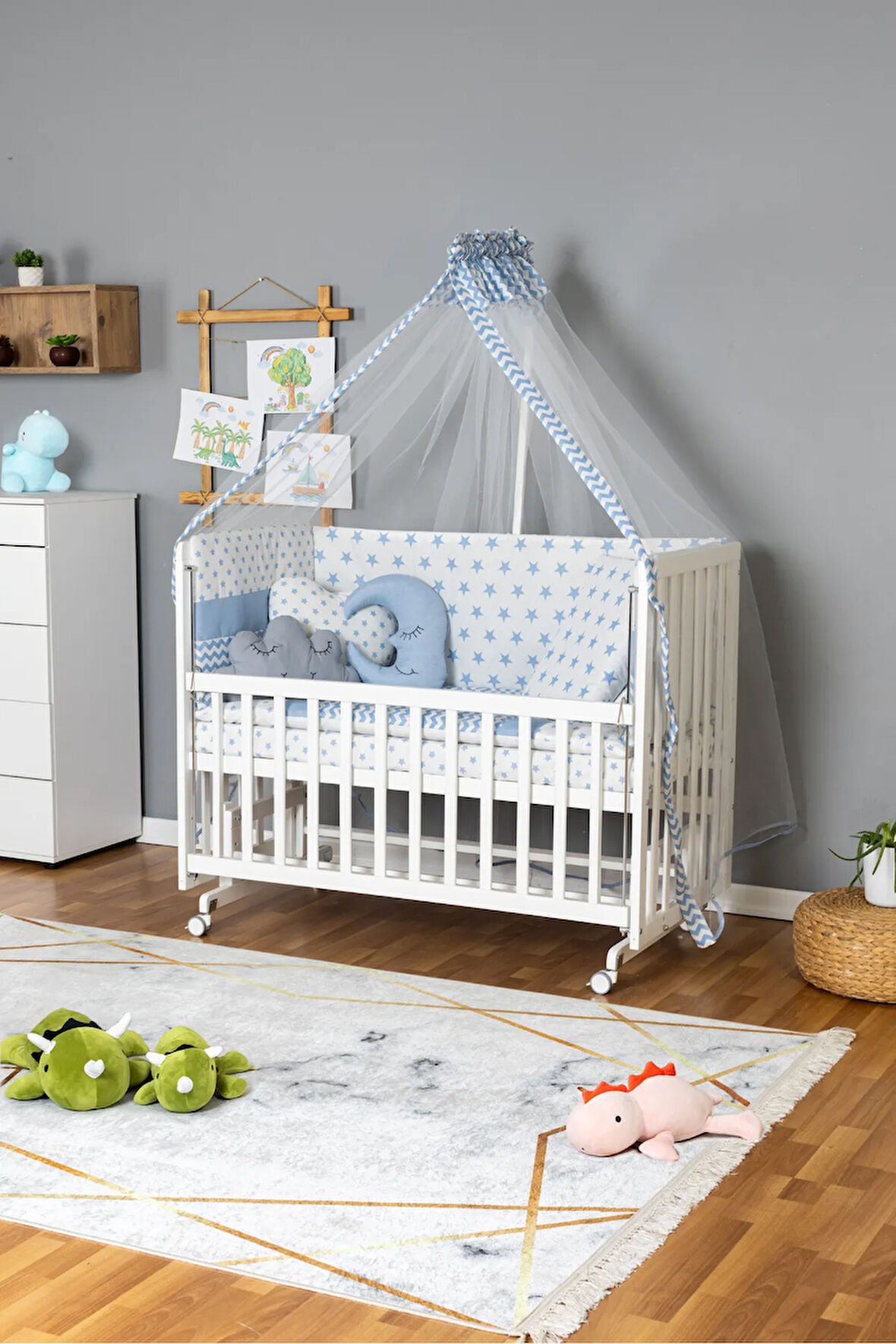 Ahşap Beşik Anne Yanı Beşik Beyaz 60x120 - Mavi Yıldız 3 Yastıklı Uyku Seti + Yataklı + Tekerlekli