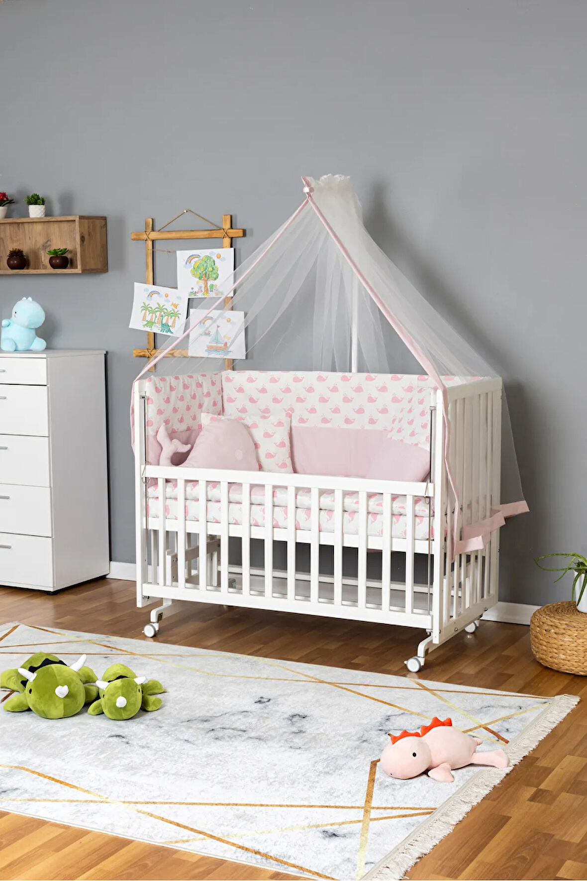 Ahşap Beşik Anne Yanı Beşik Beyaz 60x120 - Pembe Balina Uyku Seti + Yataklı + Tekerlekli