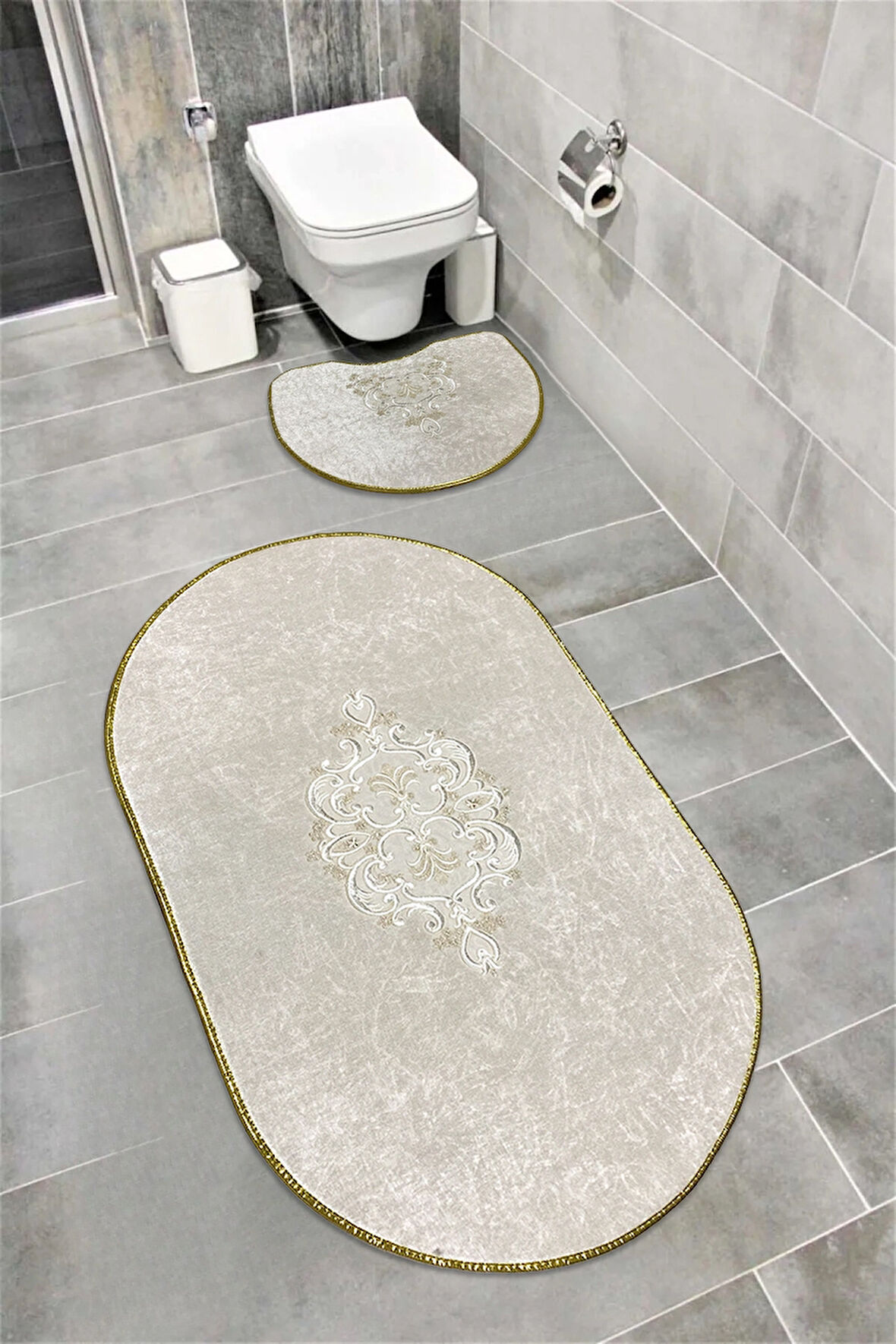 Akseki Kaymaz Taban, Emici, Kadife 2'li Süper Lüks Oval Banyo Paspası Seti Beyaz