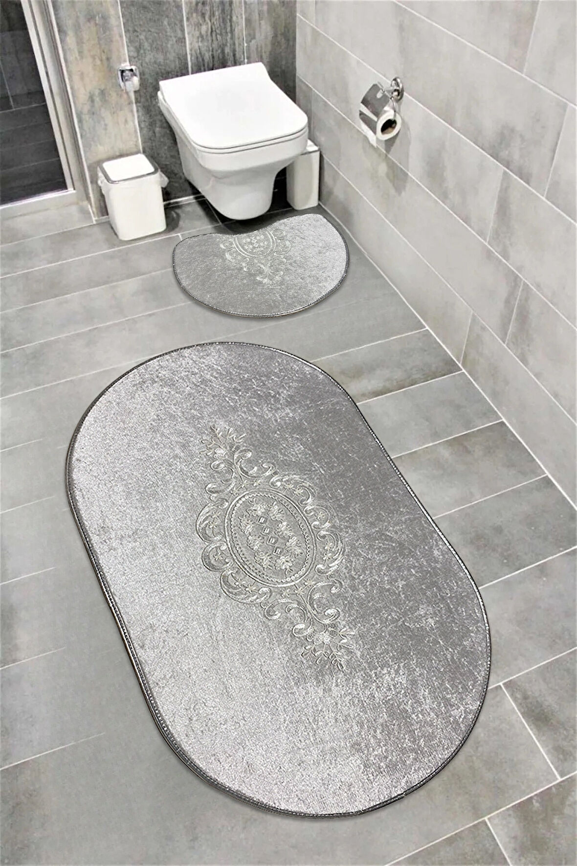 Akseki Kaymaz Taban, Emici, Kadife 2'li Süper Lüks Oval Banyo Paspası Seti Gri