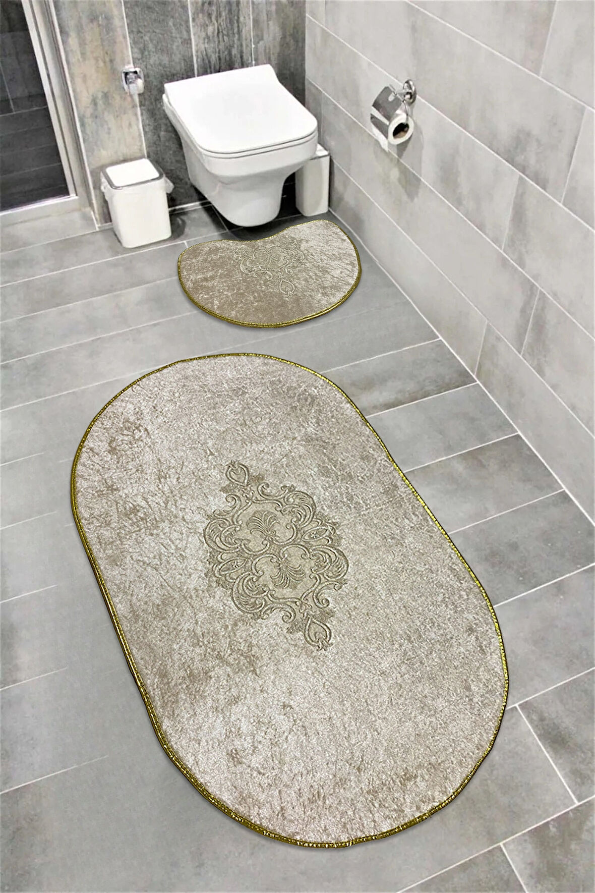 Akseki Kaymaz Taban, Emici, Kadife 2'li Süper Lüks Oval Banyo Paspası Seti Kahverengi