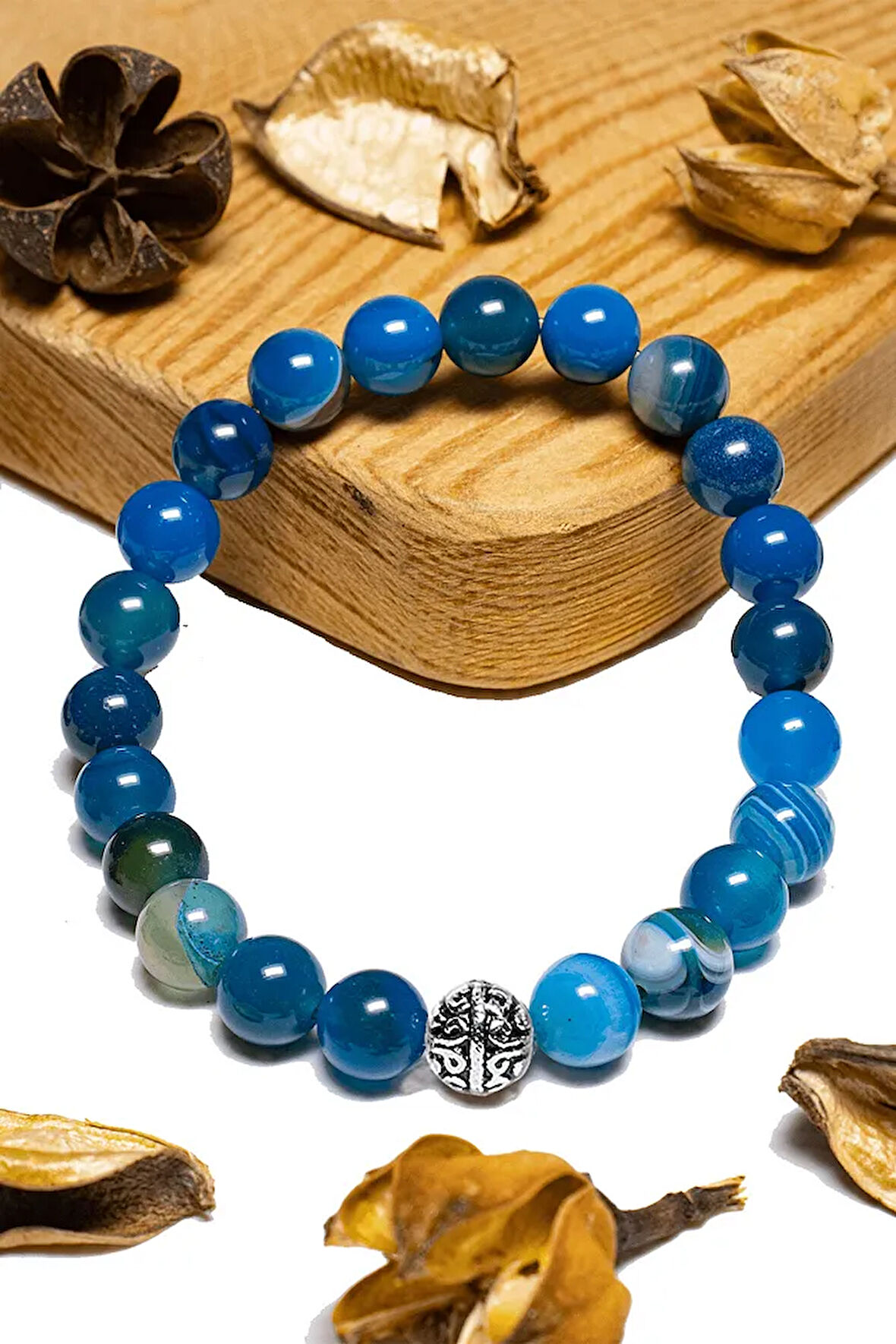 Sertifikalı Aaa+ Damarlı Mavi Akik Taşı Bileklik - Gümüş Aparatlı