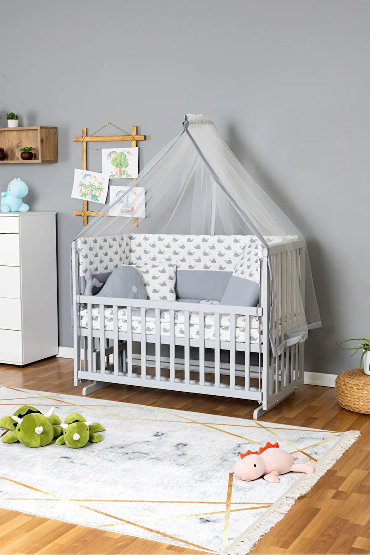 Ahşap Beşik Anne Yanı Beşik Gri 60x120 - Gri Balina Uyku Seti + Yataklı