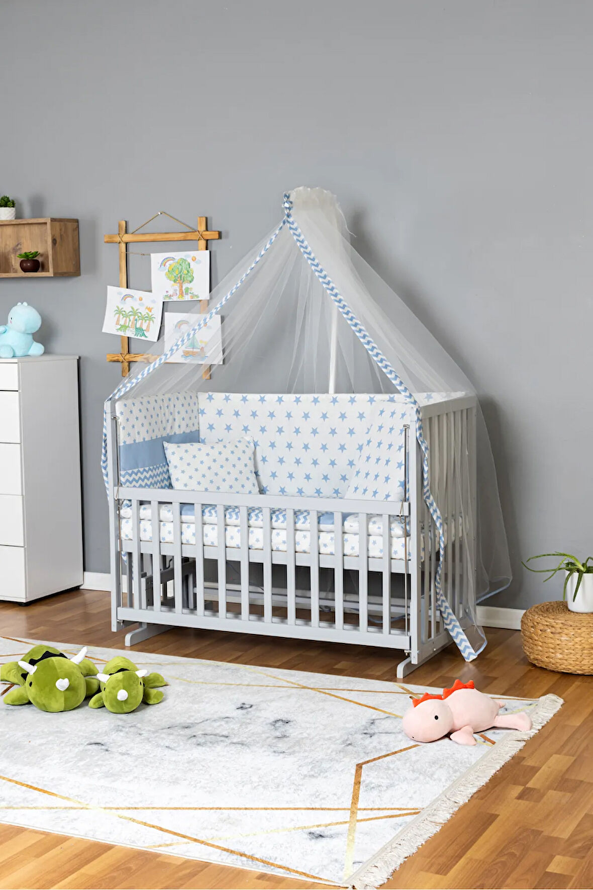 Ahşap Beşik Anne Yanı Beşik Gri 60x120 - Mavi Yıldız 1 Yastıklı Uyku Seti + Yataklı