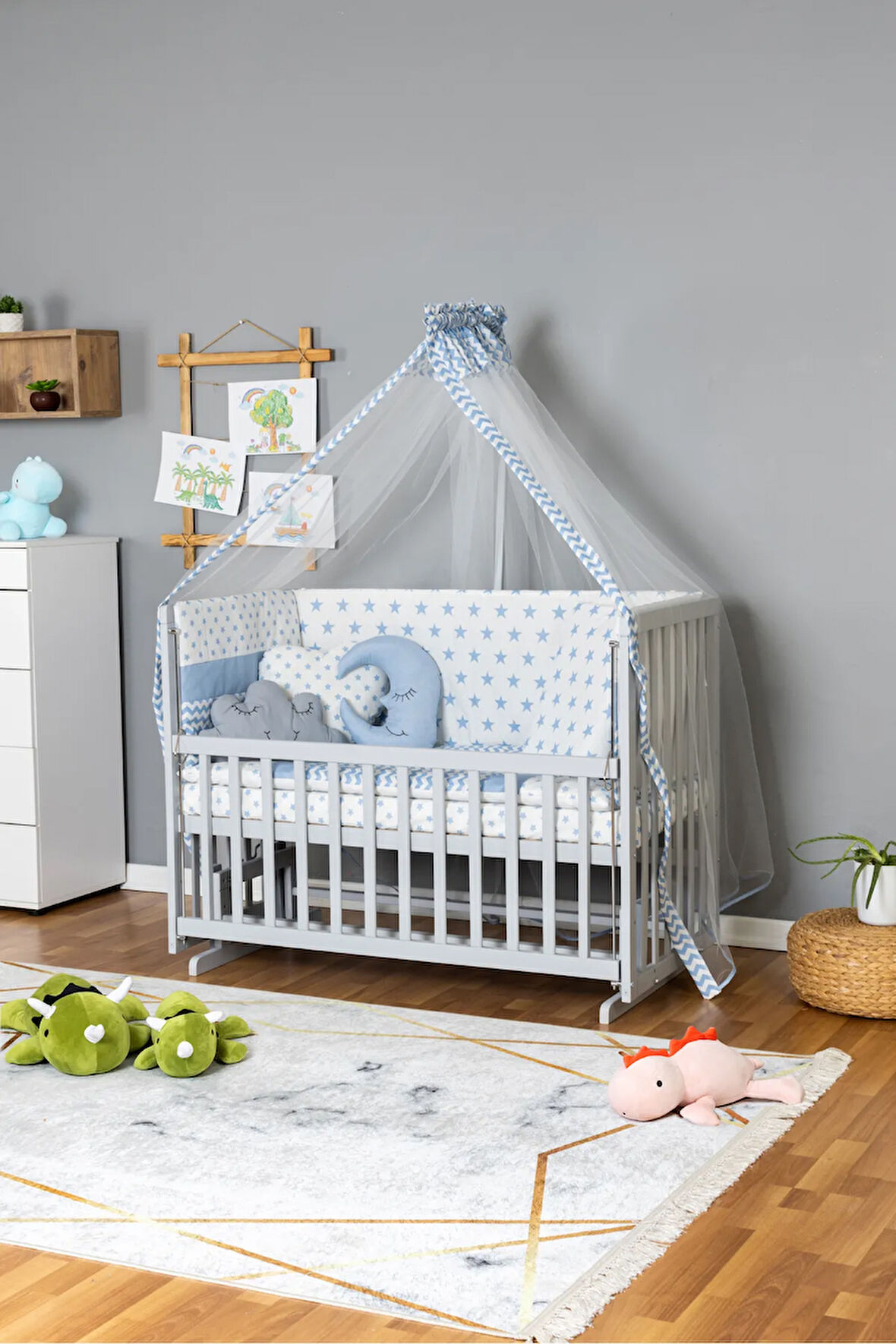 Ahşap Beşik Anne Yanı Beşik Gri 60x120 - Mavi Yıldız 3 Yastıklı Uyku Seti + Yataklı