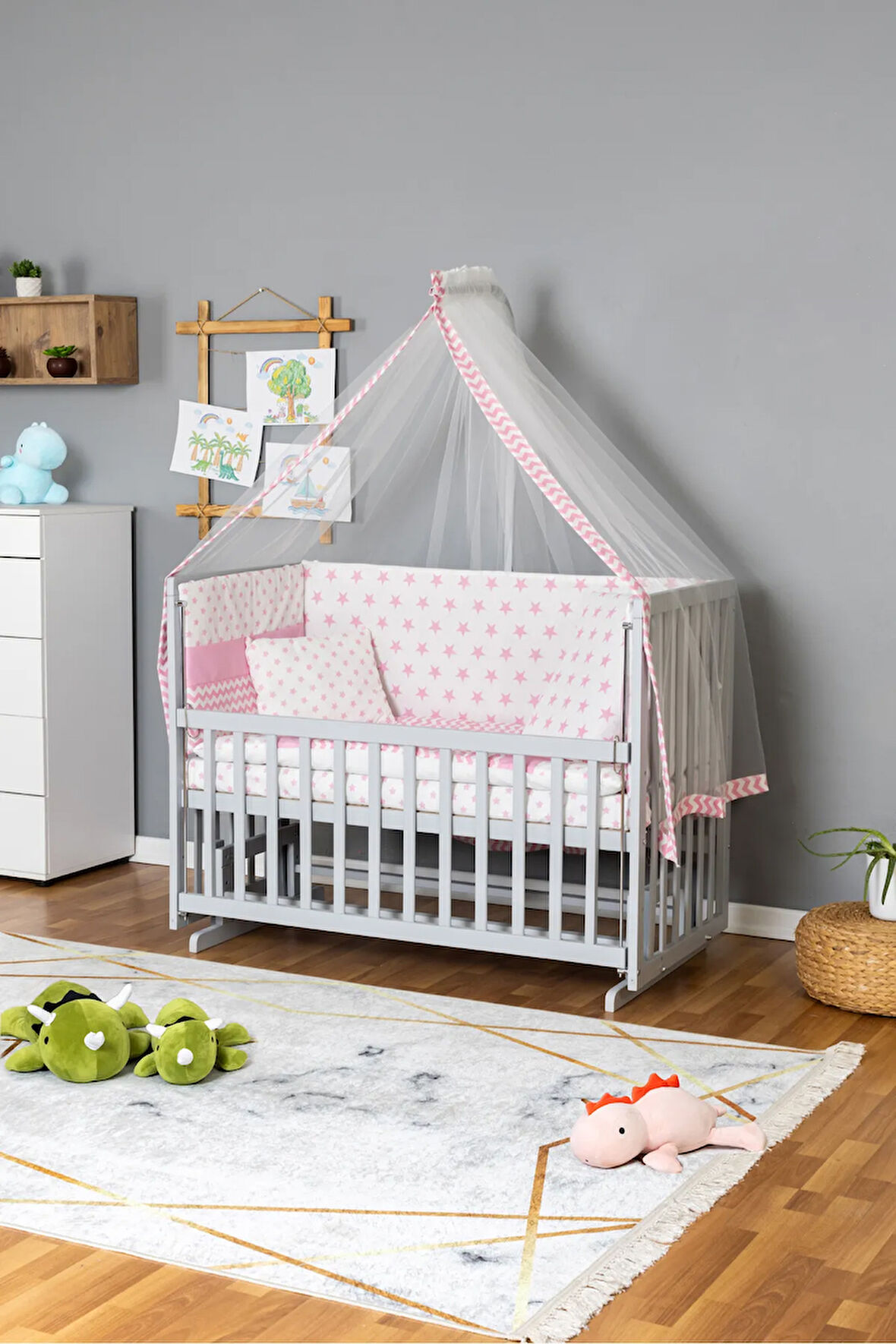 Ahşap Beşik Anne Yanı Beşik Gri 60x120 - Pembe Yıldız 1 Yastıklı Uyku Seti + Yataklı