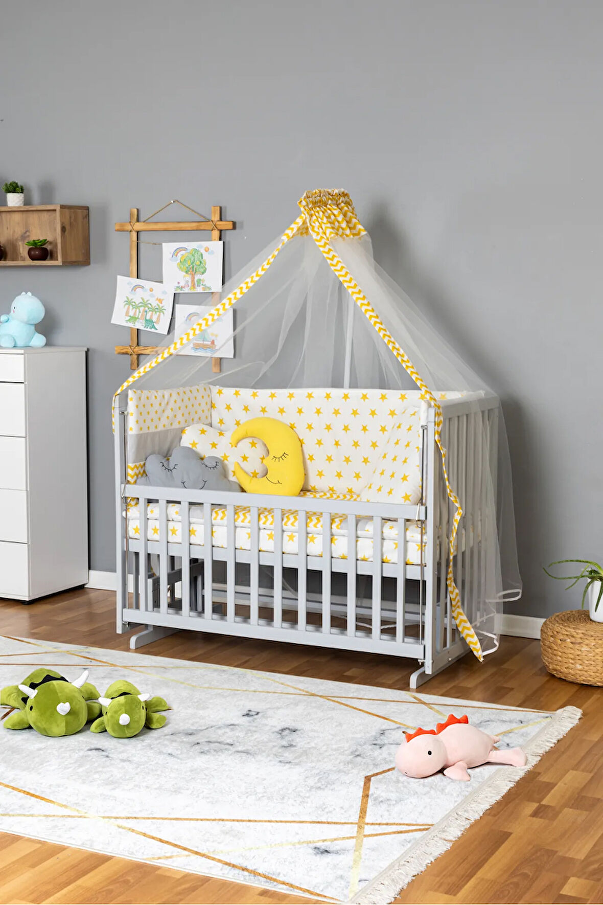 Ahşap Beşik Anne Yanı Beşik Gri 60x120 - Sarı Yıldız 3 Yastıklı Uyku Seti + Yataklı