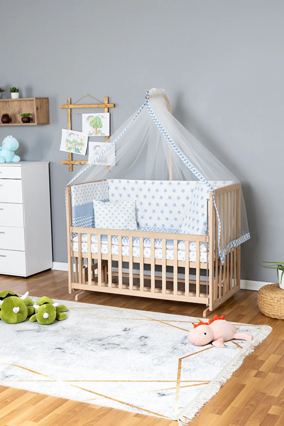 Ahşap Beşik Anne Yanı Beşik Organik 60x120 - Mavi Yıldız 1 Yastıklı Uyku Seti + Yataklı