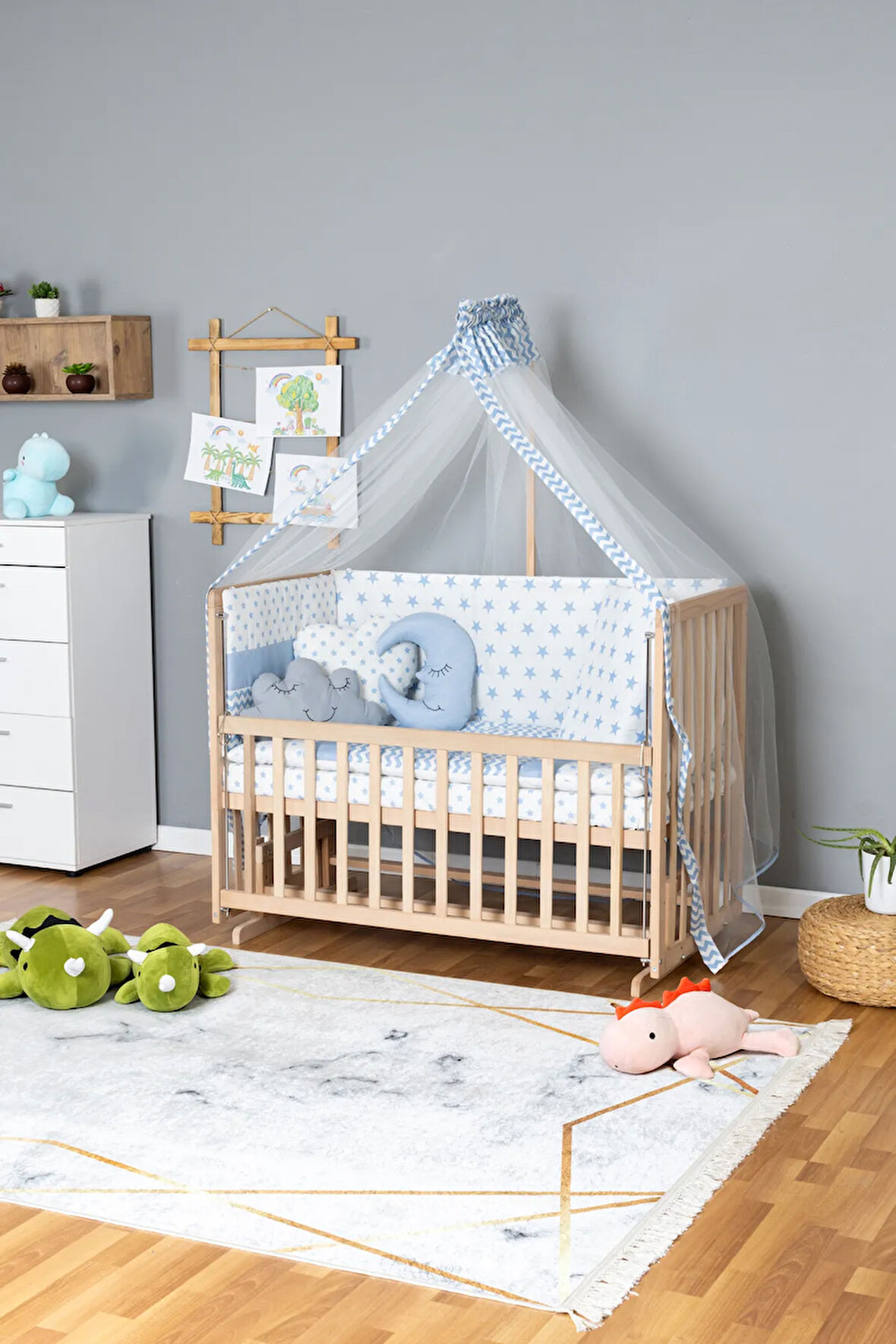 Ahşap Beşik Anne Yanı Beşik Organik 60x120 - Mavi Yıldız 3 Yastıklı Uyku Seti + Yataklı