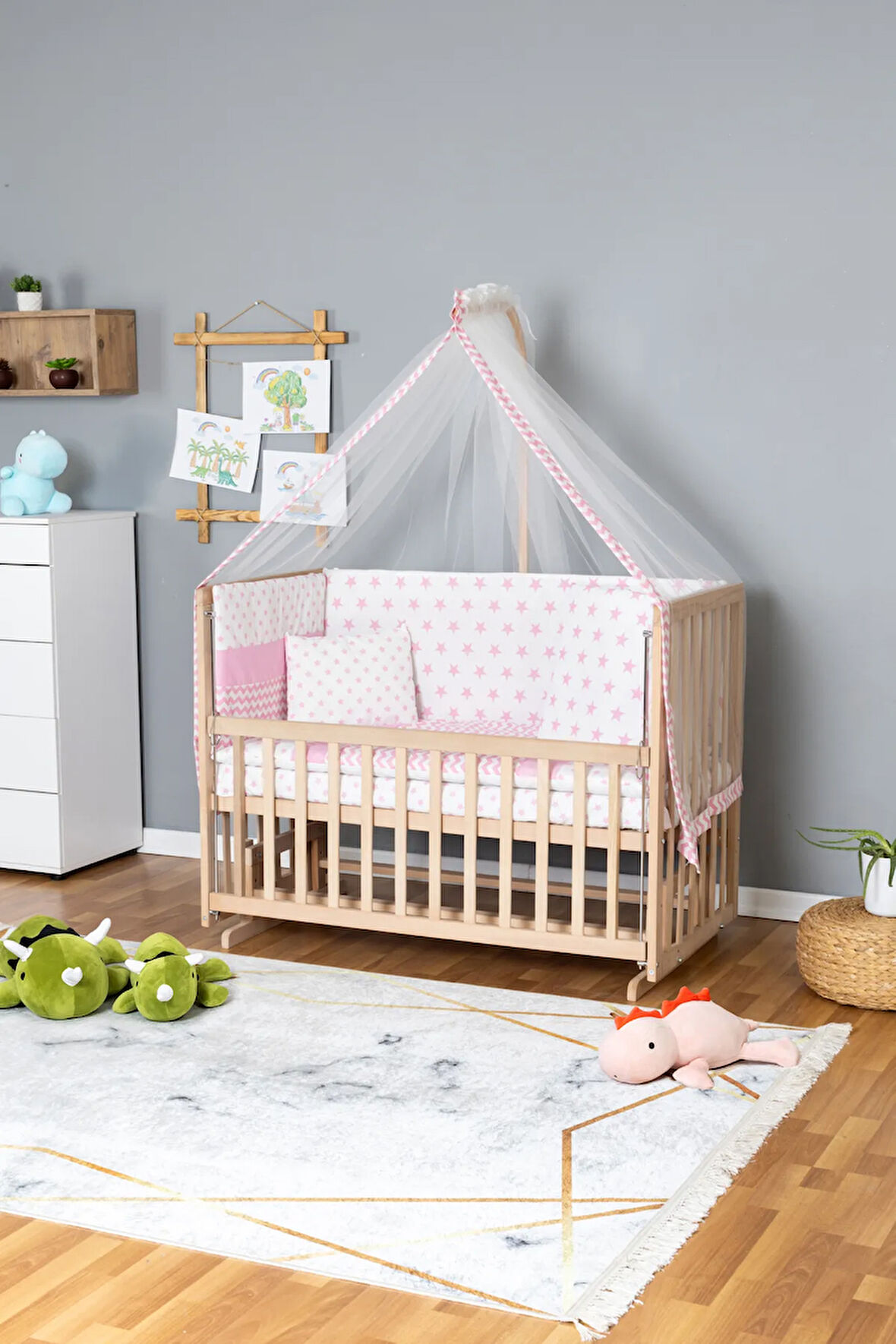 Ahşap Beşik Anne Yanı Beşik Organik 60x120 - Pembe Yıldız 1 Yastıklı Uyku Seti + Yataklı