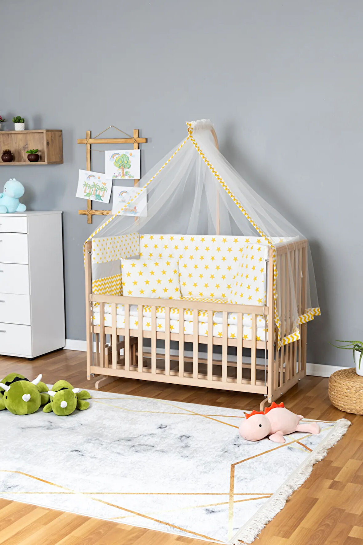 Ahşap Beşik Anne Yanı Beşik Organik 60x120 - Sarı Yıldız 1 Yastıklı Uyku Seti + Yataklı