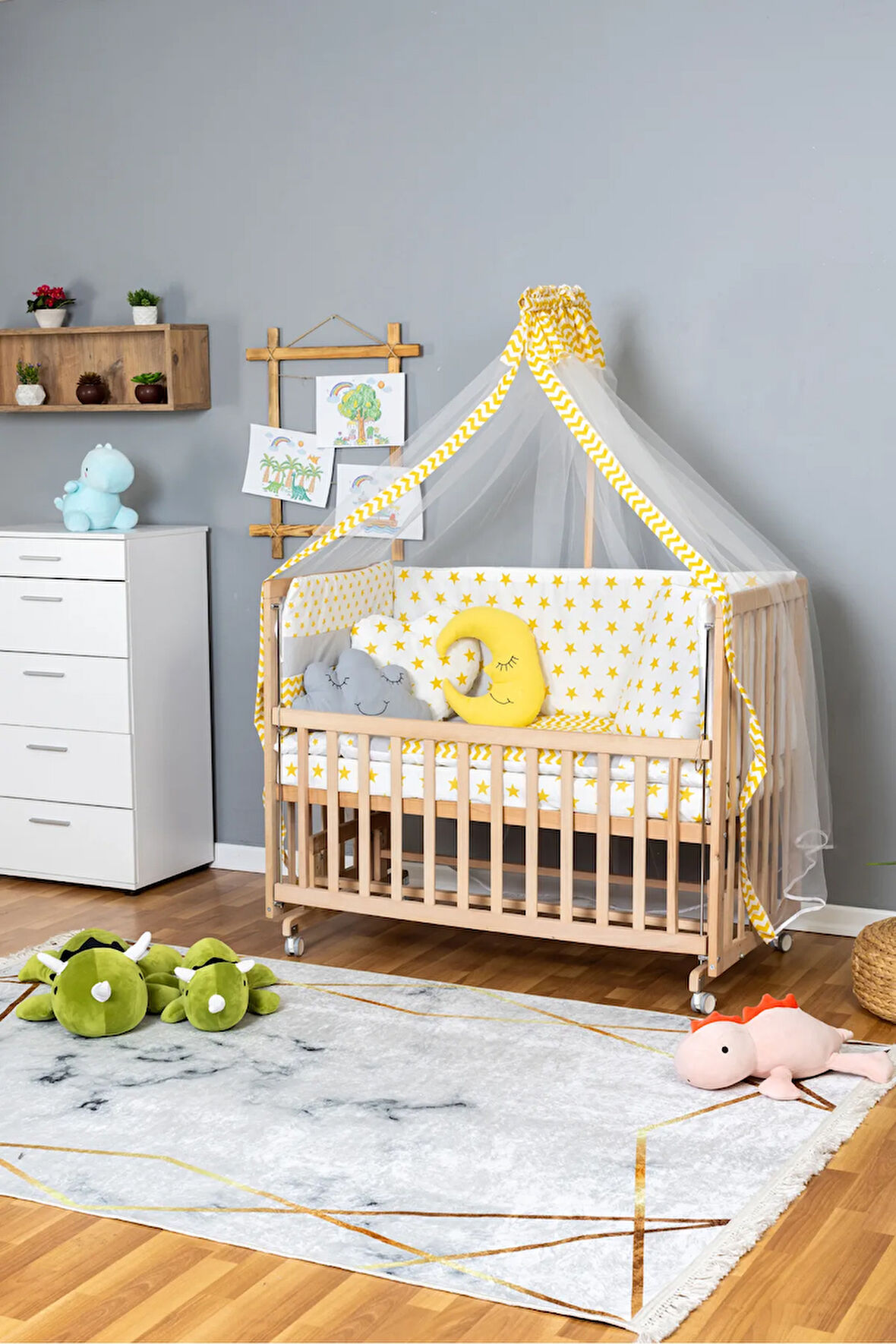 Ahşap Beşik Anne Yanı Beşik Organik 60x120 - Sarı Yıldız 3 Yastıklı Uyku Seti + Yataklı + Tekerlekli