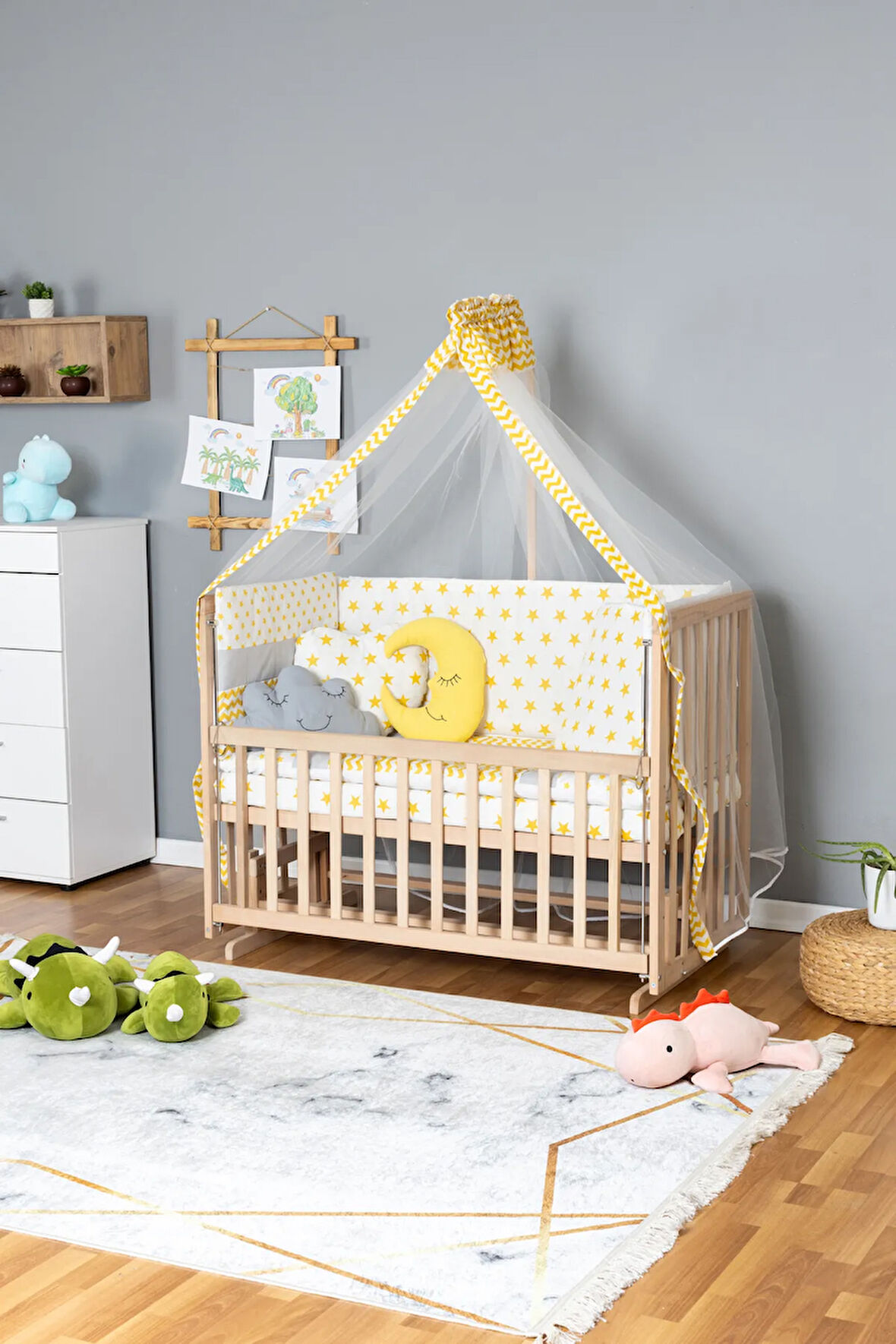 Ahşap Beşik Anne Yanı Beşik Organik 60x120 - Sarı Yıldız 3 Yastıklı Uyku Seti + Yataklı