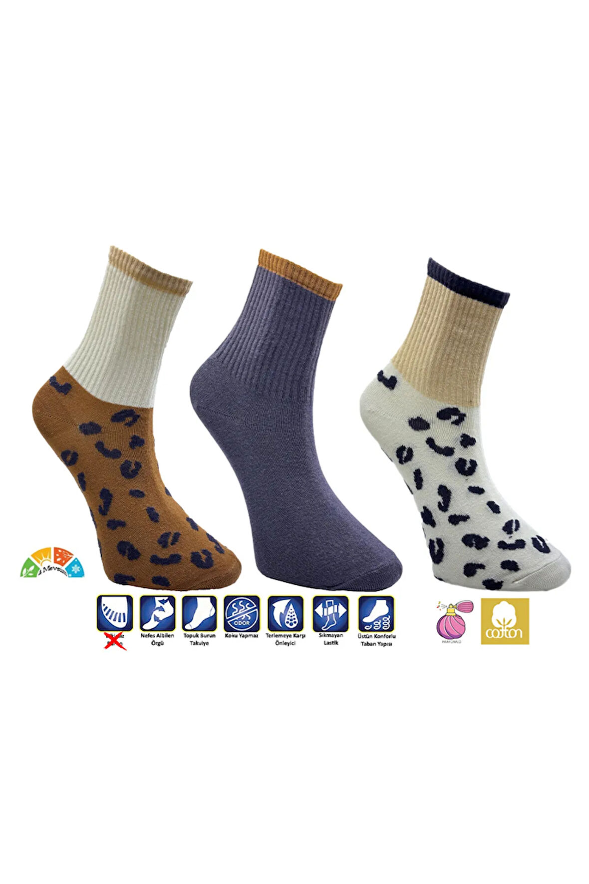 3'ü Bir Arada Leopar Desen Düz Füme Kadın Tenis Spor Çorap