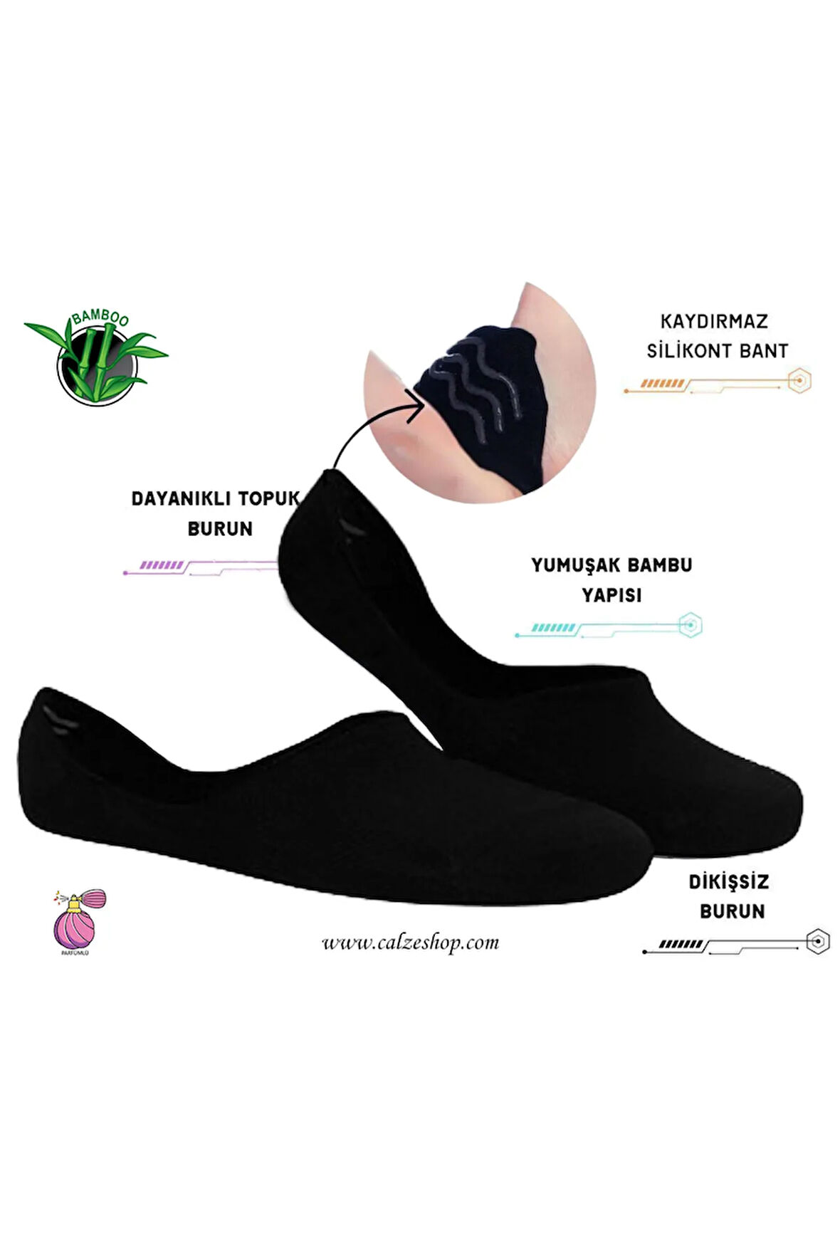 Unisex Siyah Slikonlu Görünmez Çorap