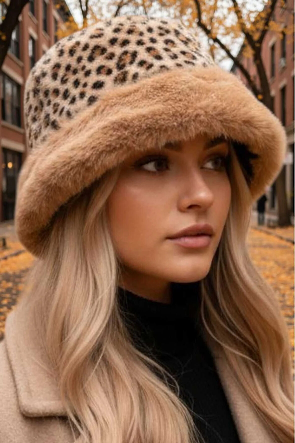 Tezzgelsin Kadın Leopar Desenli Peluş Kürklü Kalpak Şapka