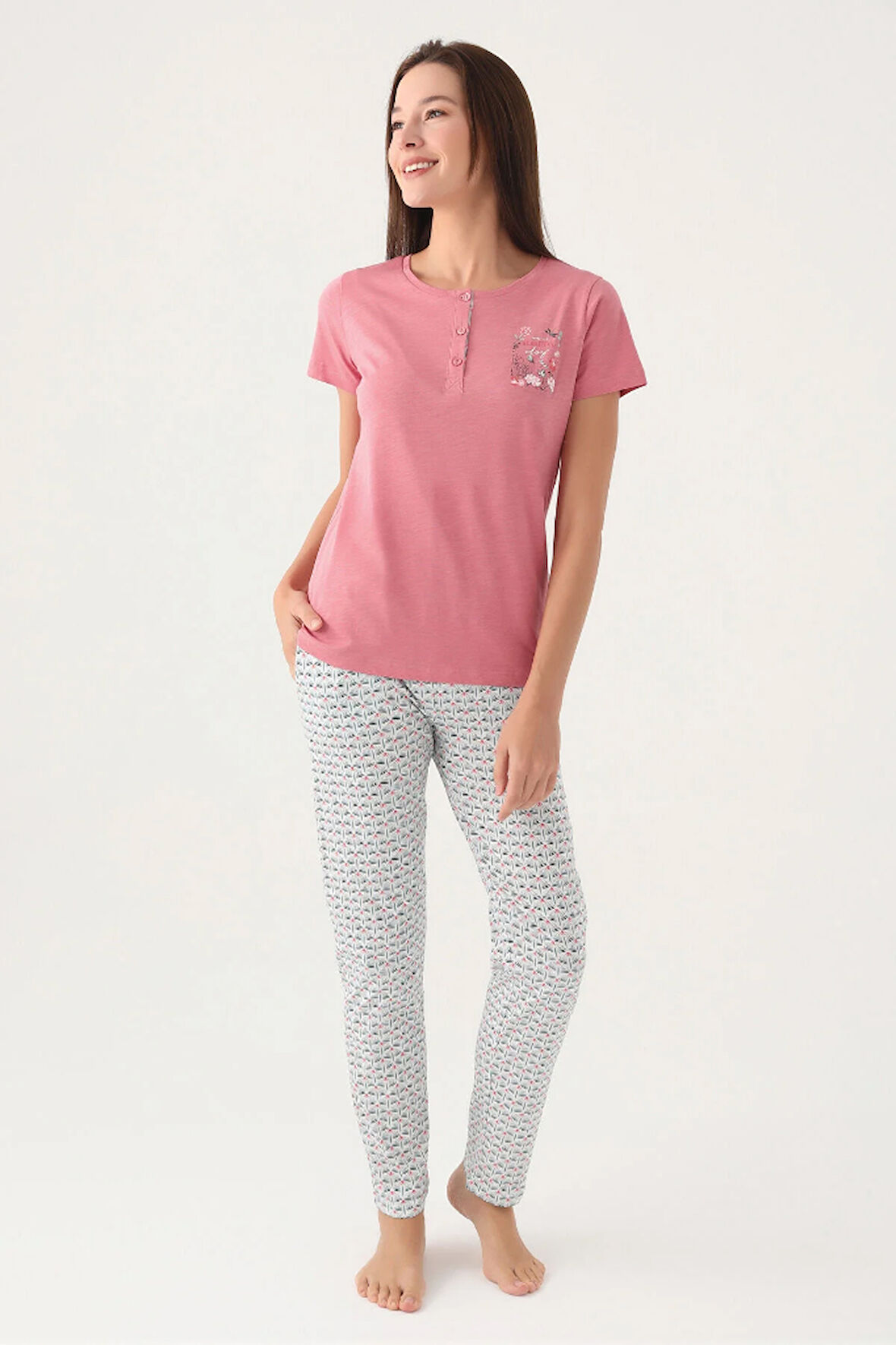 Arnetta Patlı Düğmeli Yaka %100 Pamuk Bayan Pijama Takım
