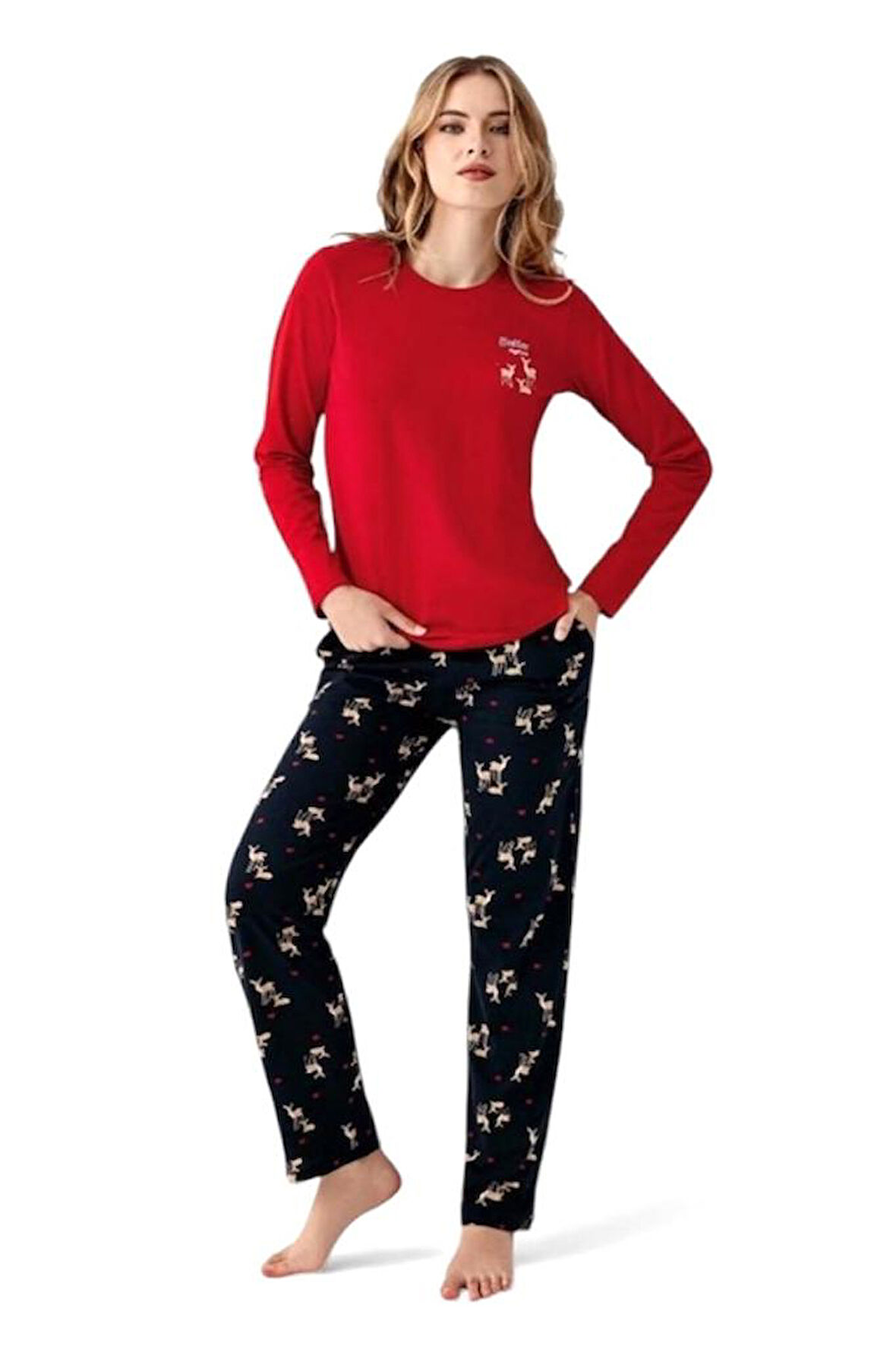 Arnetta %100 Pamuk Geyik Desen Kadın Pijama Takım